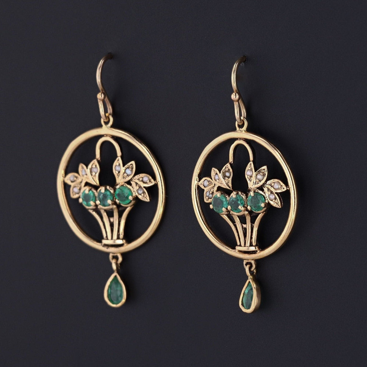 Vintage Emerald and Pearl Giardinetti Earrings 9ct Gold - Trademark Antiques