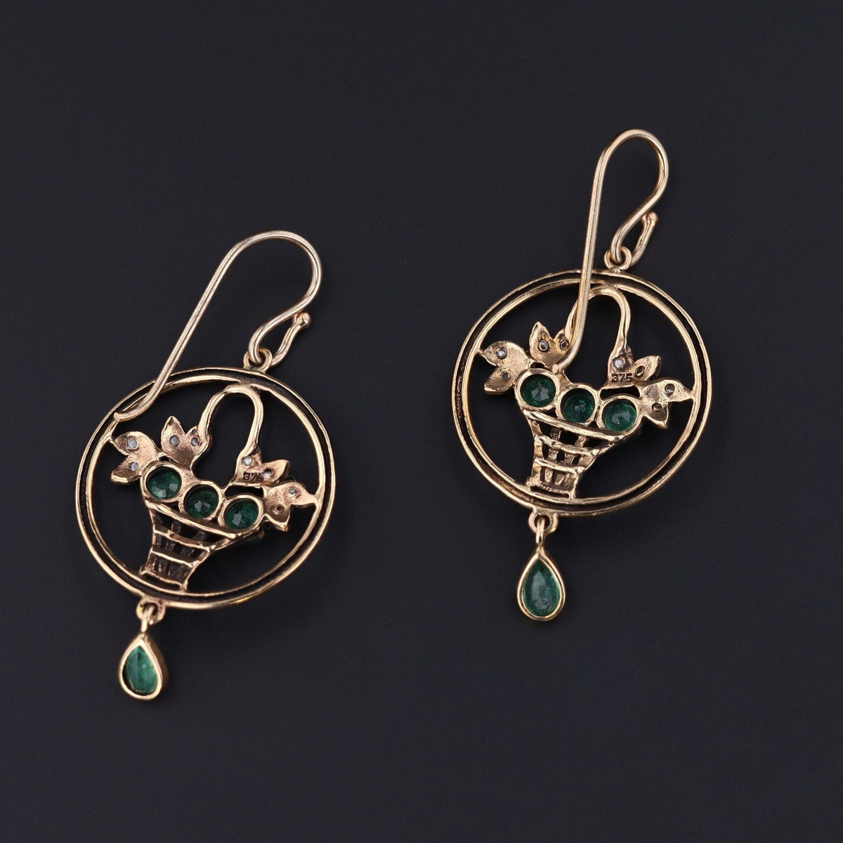 Vintage Emerald and Pearl Giardinetti Earrings 9ct Gold - Trademark Antiques
