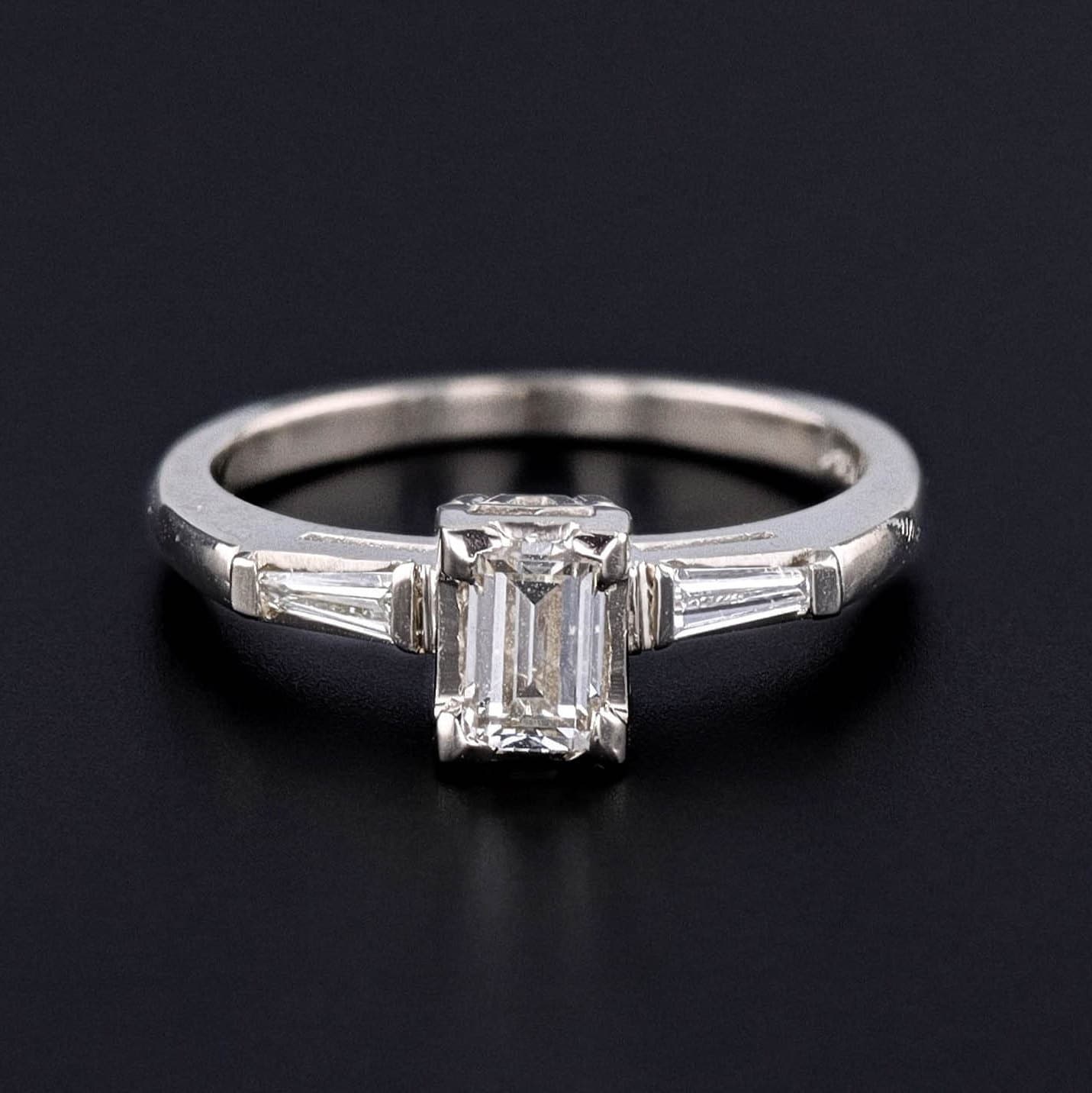 Vintage Emerald Cut Diamond Engagement Ring of 14k White Gold - Trademark Antiques