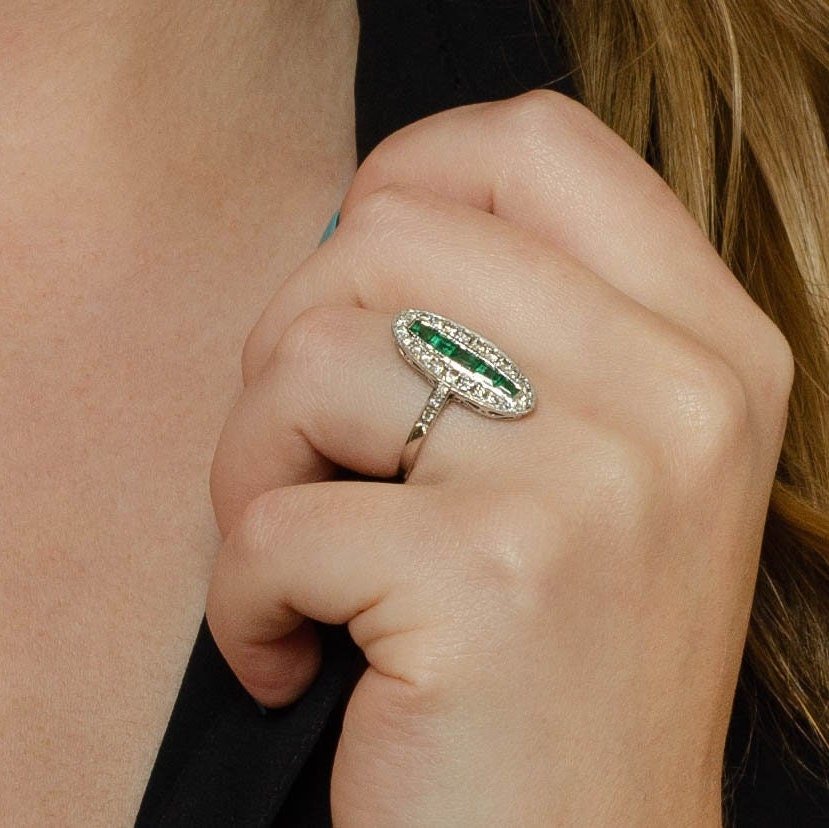 Vintage Emerald &amp; Diamond Ring | 18k White Gold Ring - Trademark Antiques