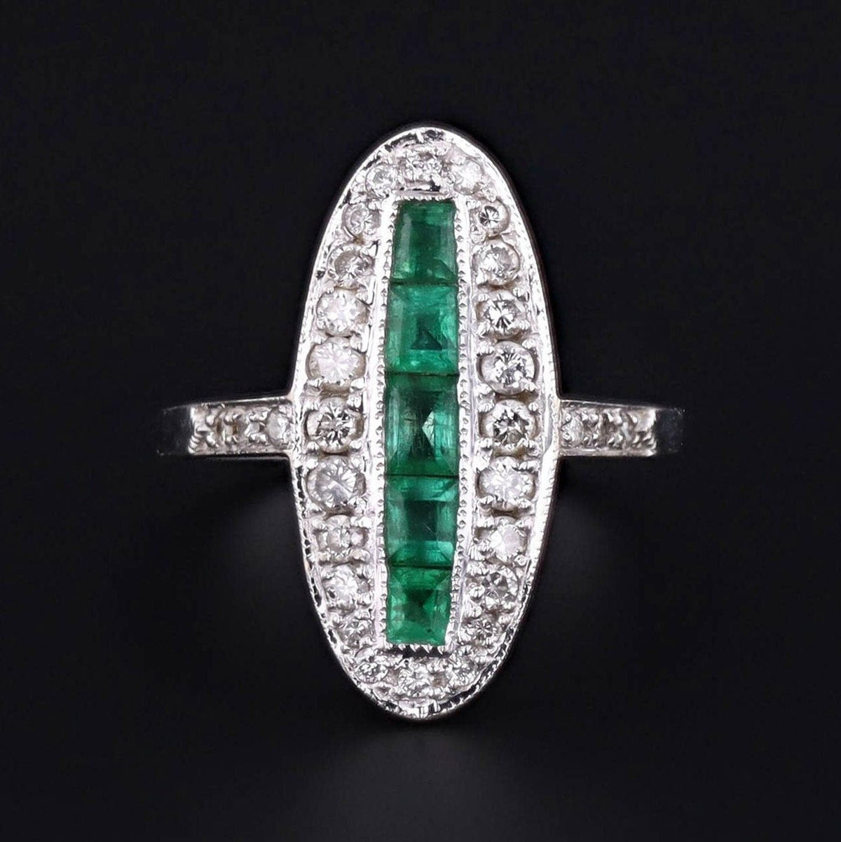 Vintage Emerald &amp; Diamond Ring | 18k White Gold Ring - Trademark Antiques