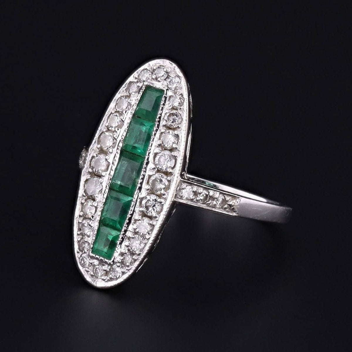 Vintage Emerald &amp; Diamond Ring | 18k White Gold Ring - Trademark Antiques