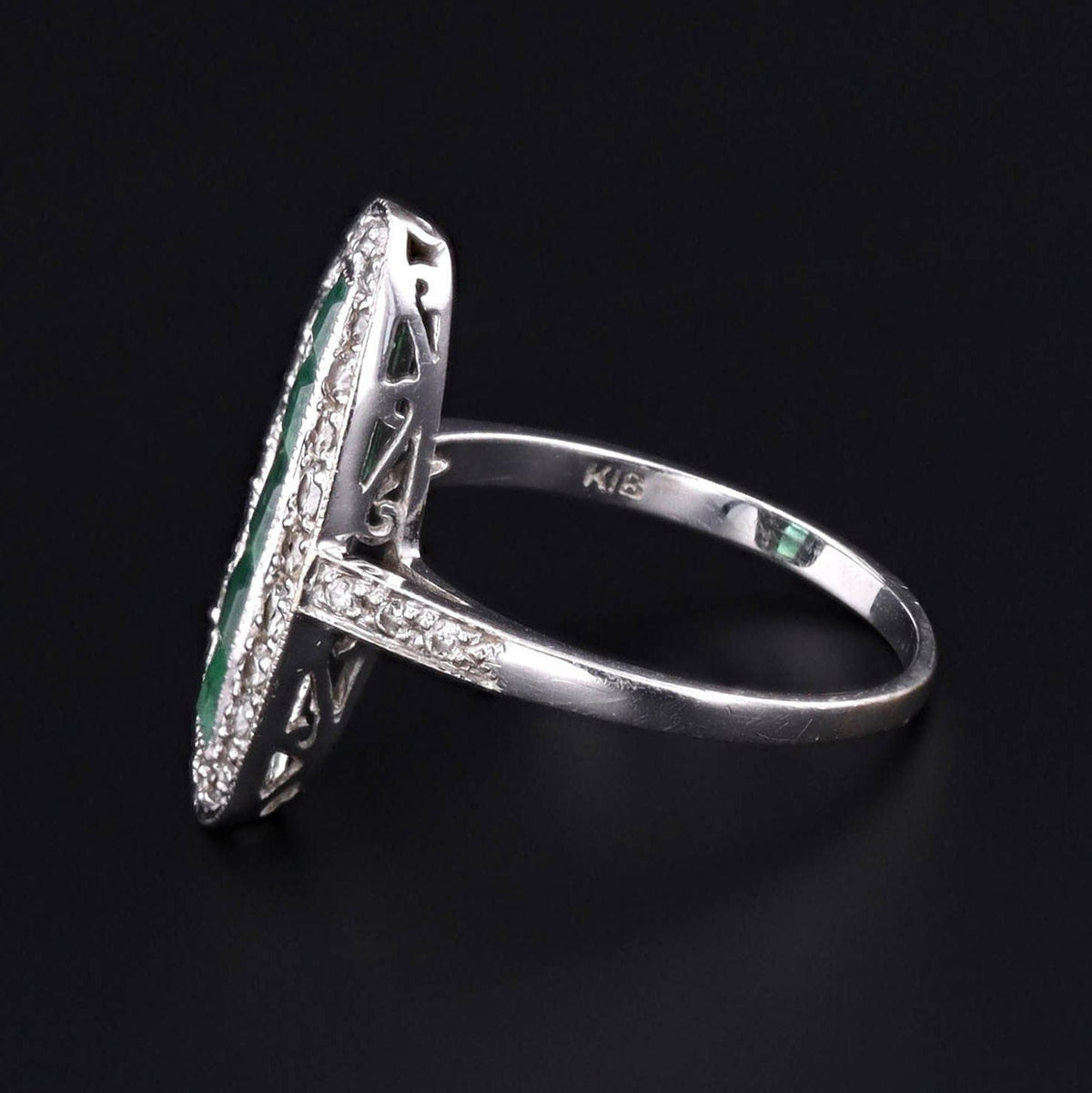 Vintage Emerald &amp; Diamond Ring | 18k White Gold Ring - Trademark Antiques