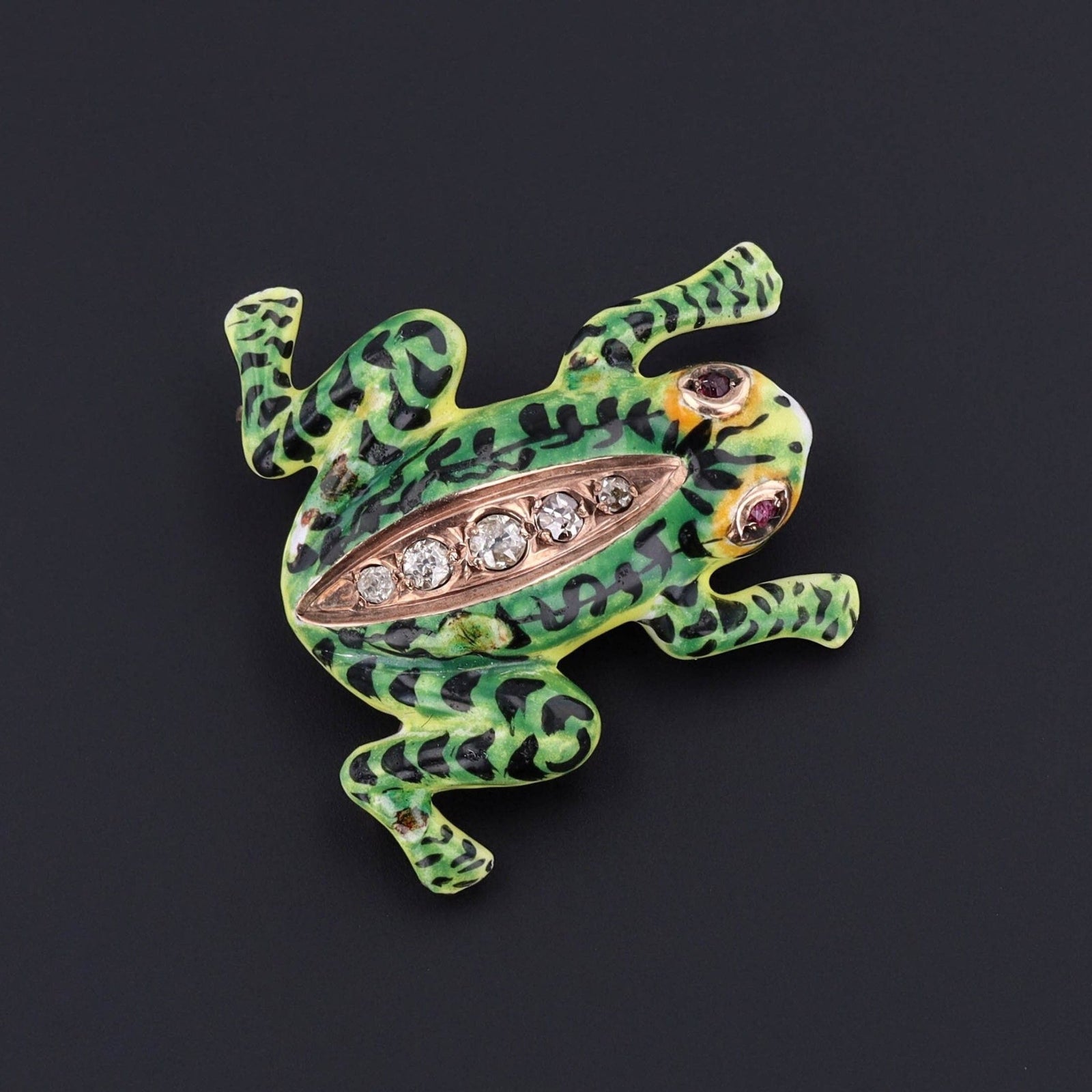 Vintage Enamel and Diamond Frog Brooch of 14k Gold - Trademark Antiques