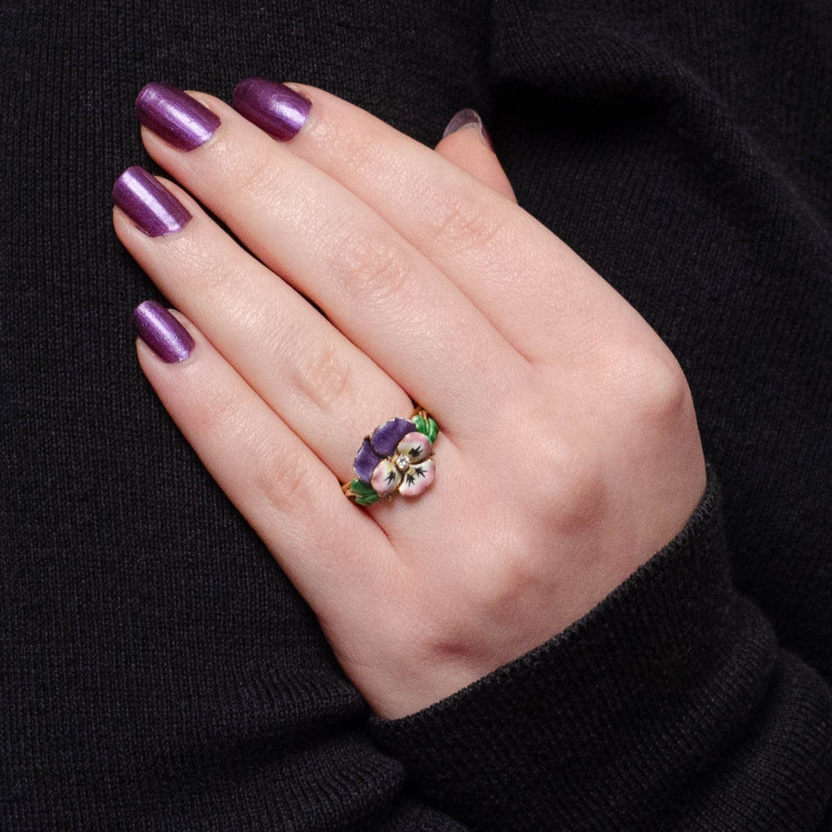 Vintage Enamel and Diamond Pansy Ring of 14k Gold - Trademark Antiques