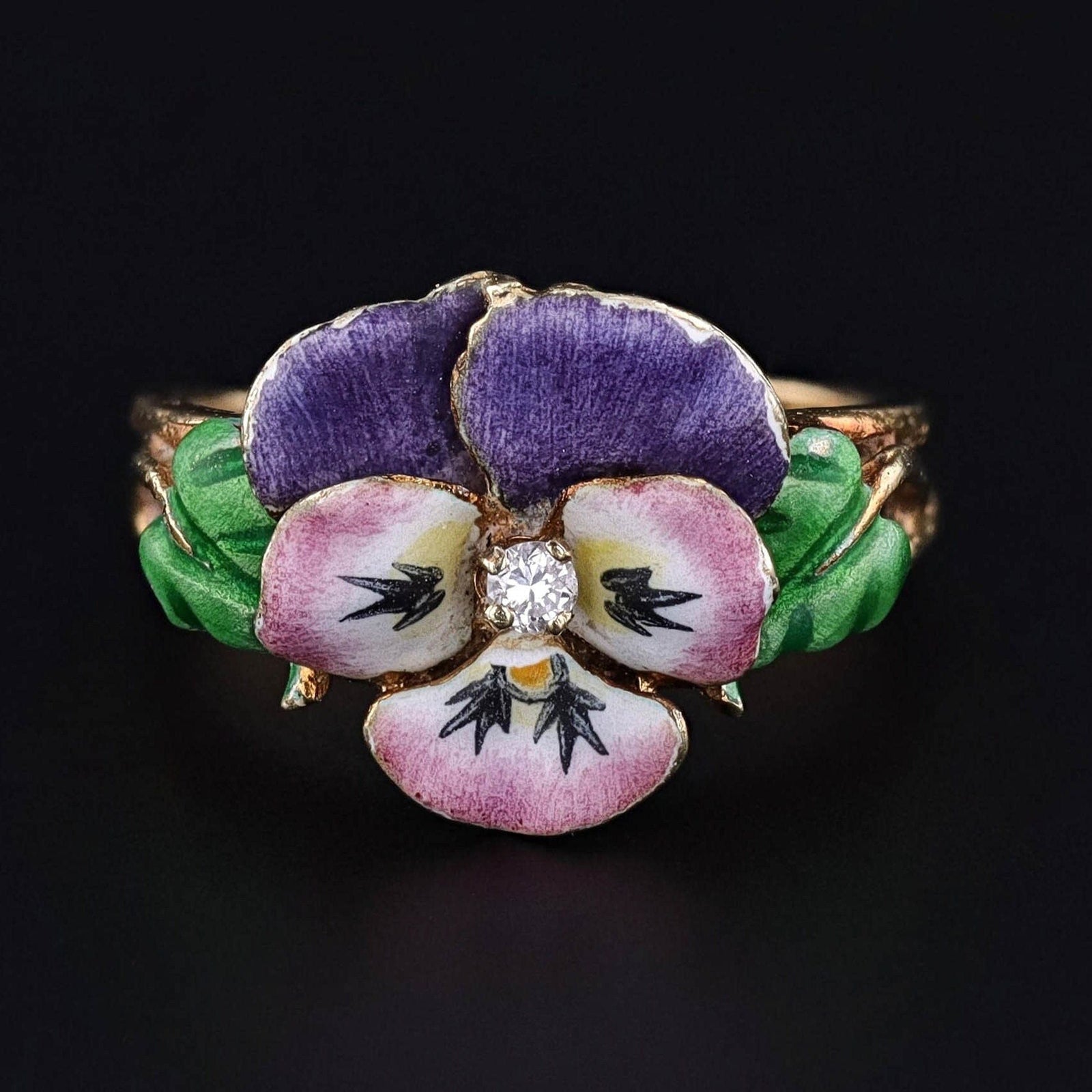 Vintage Enamel and Diamond Pansy Ring of 14k Gold - Trademark Antiques