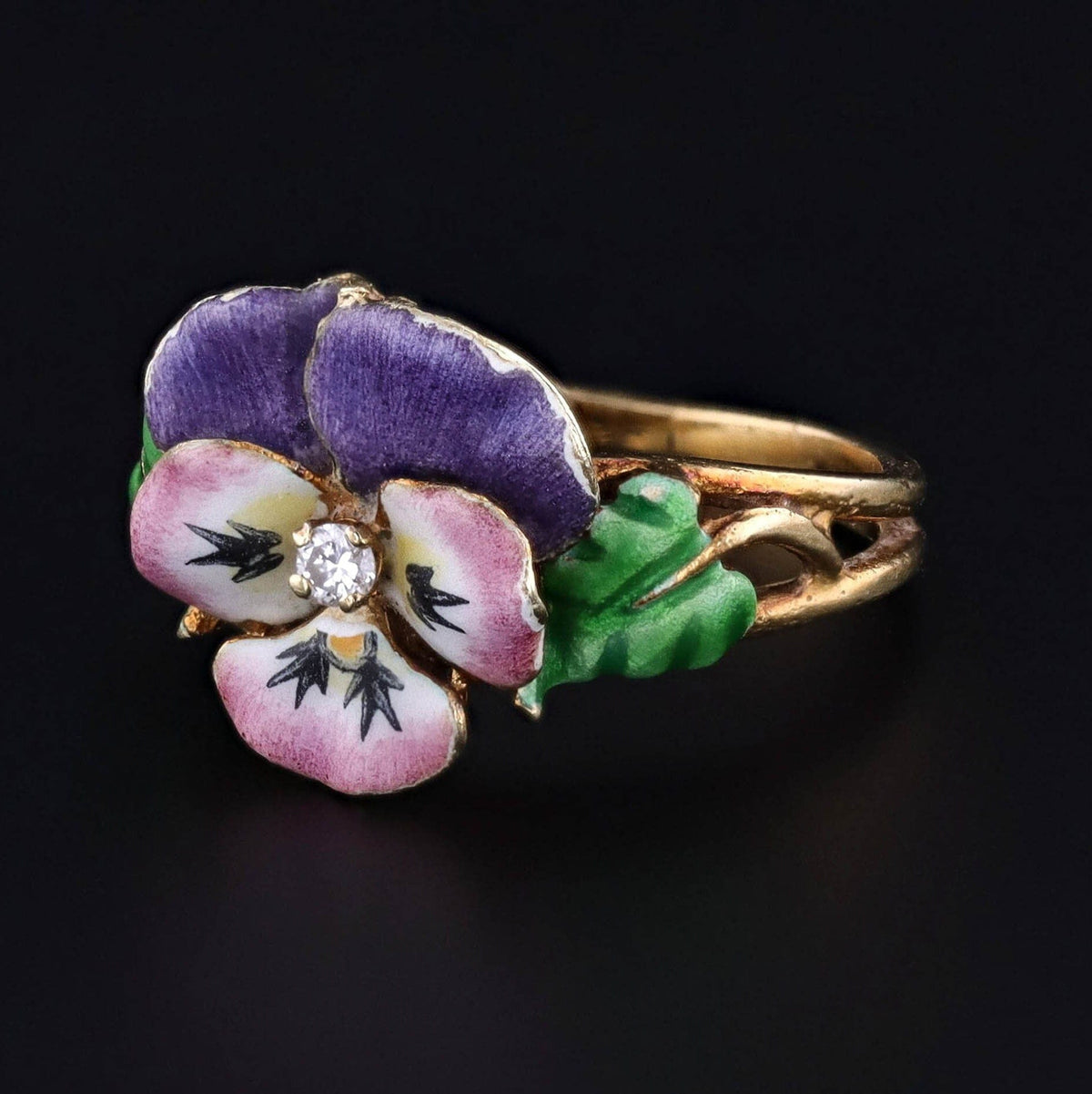 Vintage Enamel and Diamond Pansy Ring of 14k Gold - Trademark Antiques