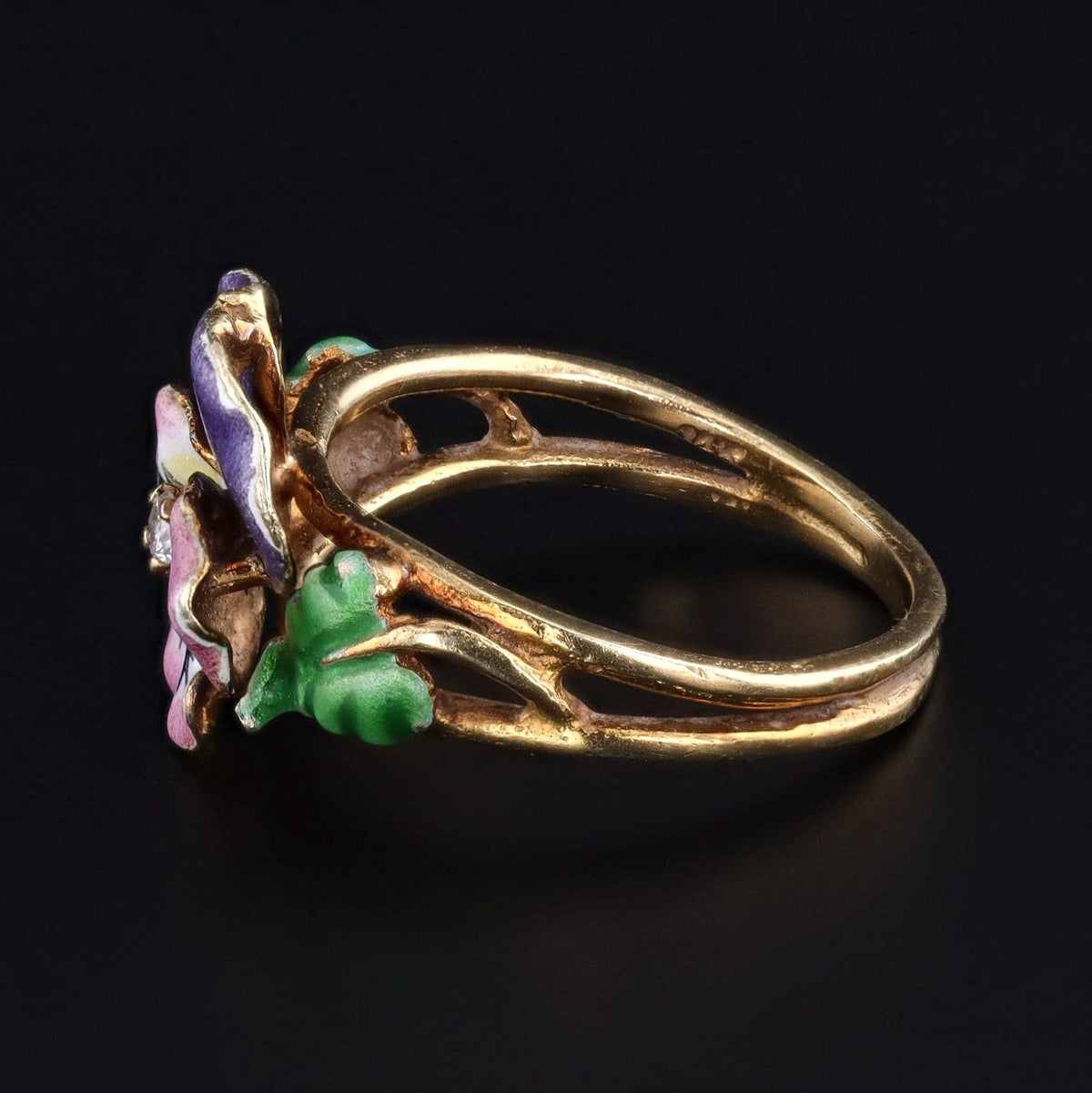 Vintage Enamel and Diamond Pansy Ring of 14k Gold - Trademark Antiques