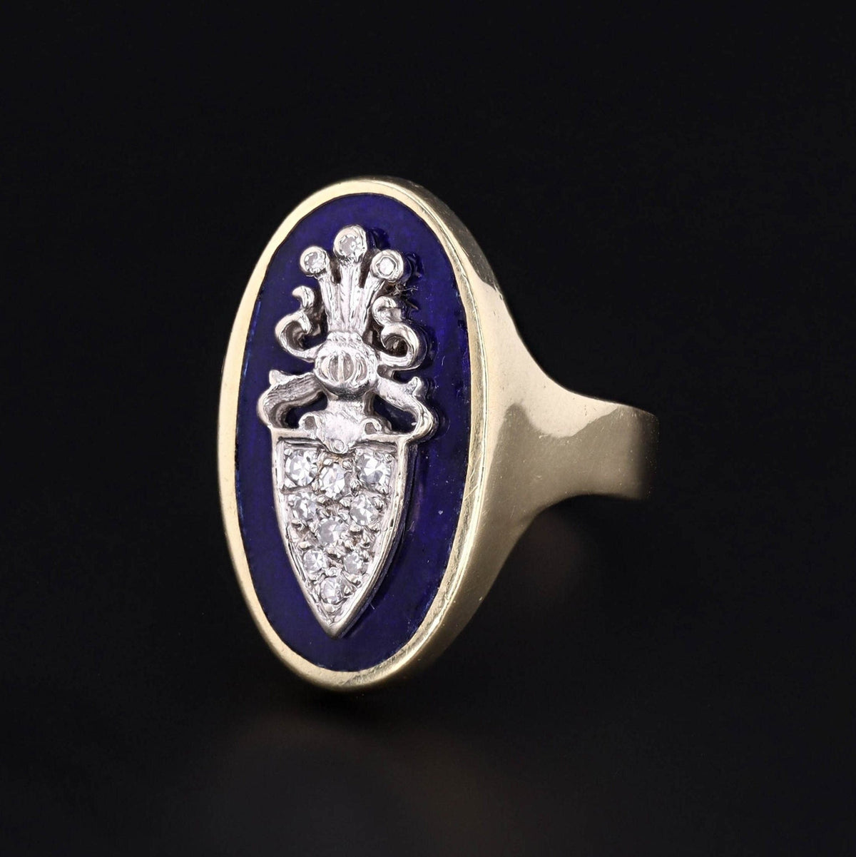 Vintage Enamel and Diamond Shield Ring of 14k Gold - Trademark Antiques