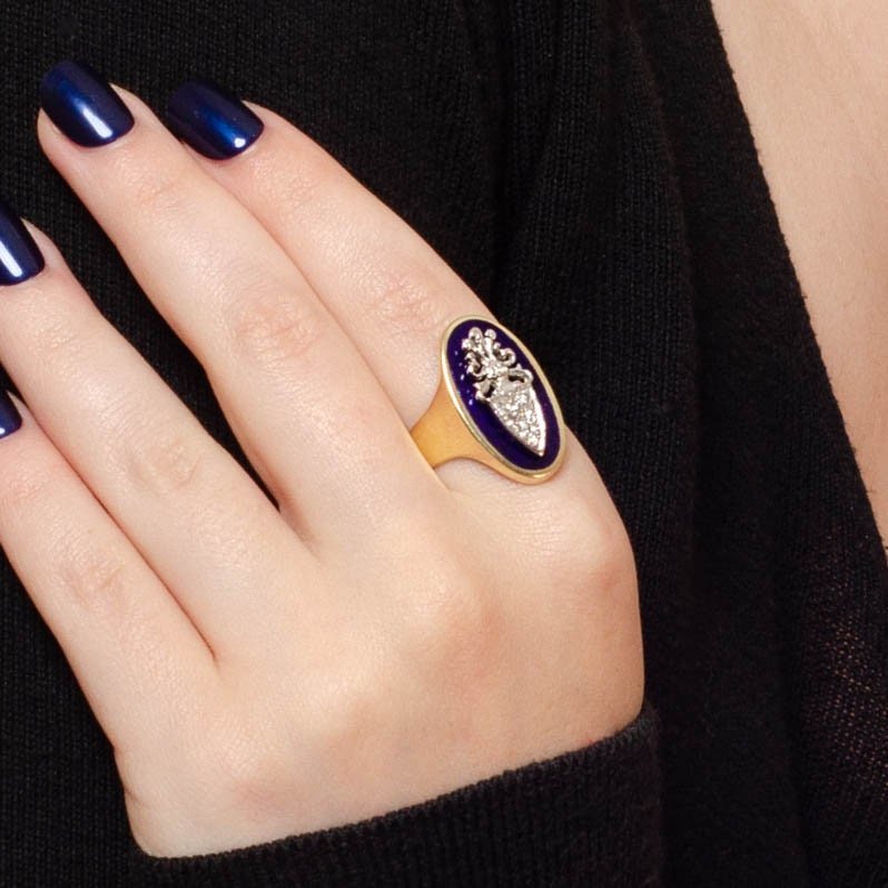 Vintage Enamel and Diamond Shield Ring of 14k Gold - Trademark Antiques