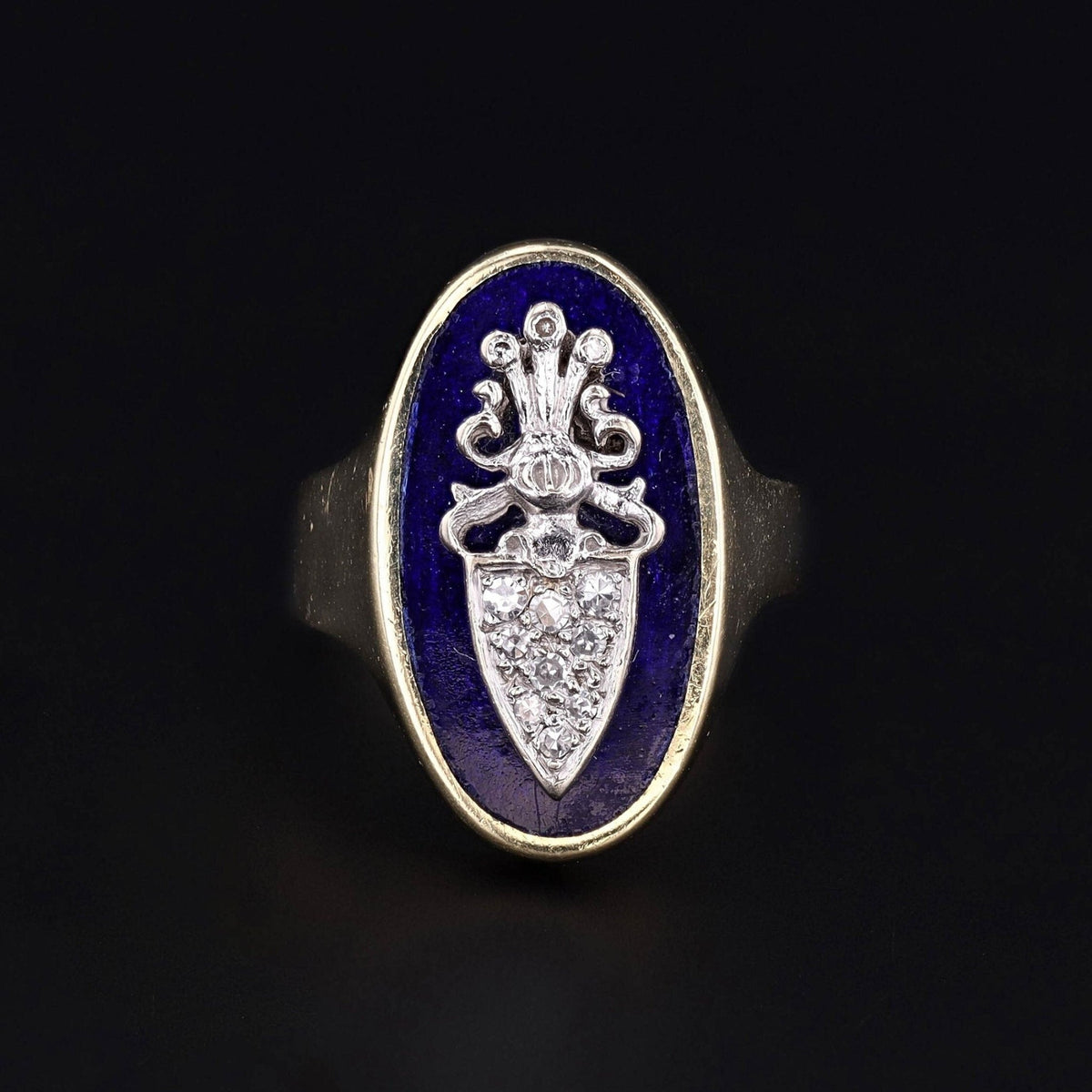 Vintage Enamel and Diamond Shield Ring of 14k Gold - Trademark Antiques