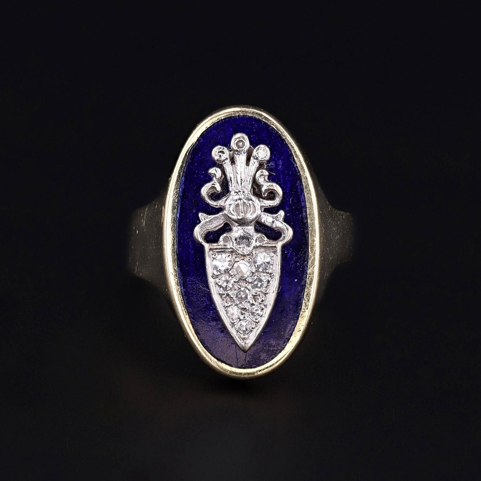 Vintage Enamel and Diamond Shield Ring of 14k Gold - Trademark Antiques