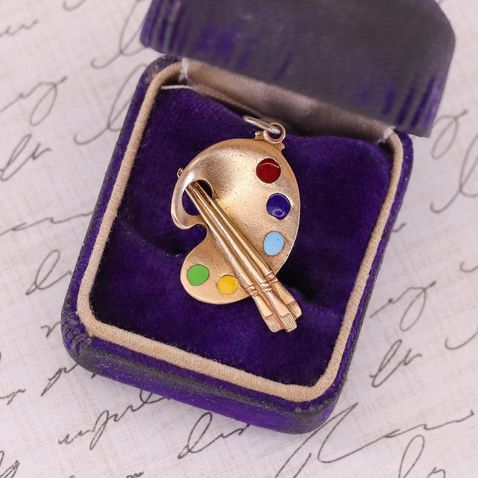 Vintage Enamel Artist or Painter Palette Pendant of 14k Gold - Trademark Antiques