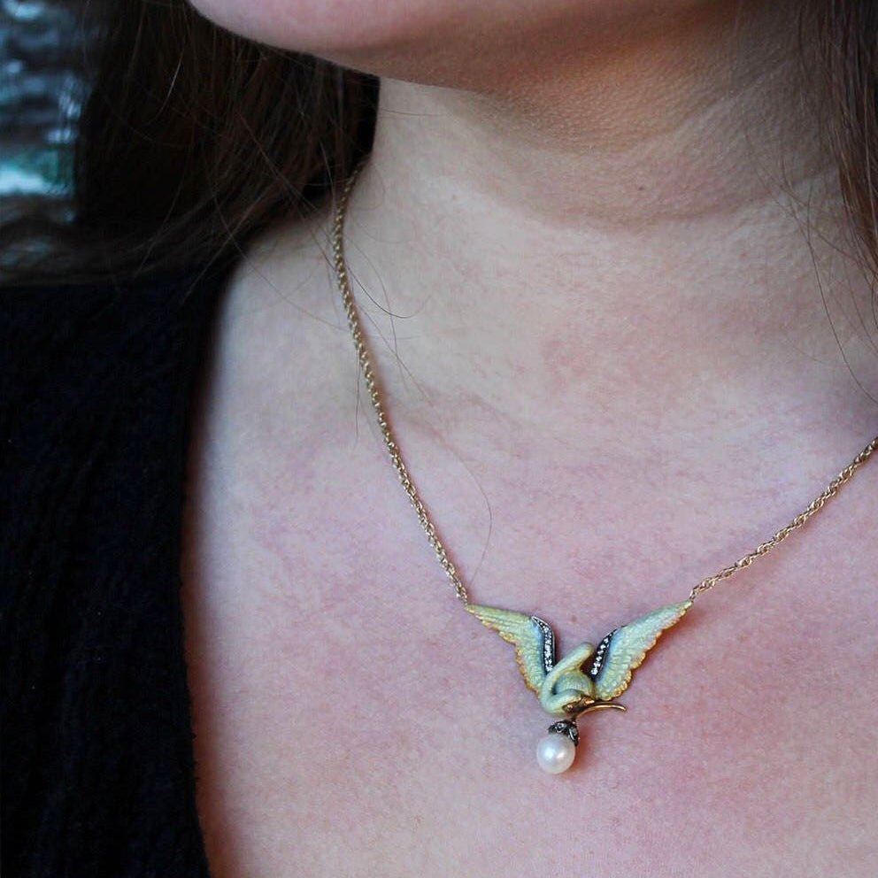Vintage Enamel Bird Conversion Necklace of 18k Gold - Trademark Antiques