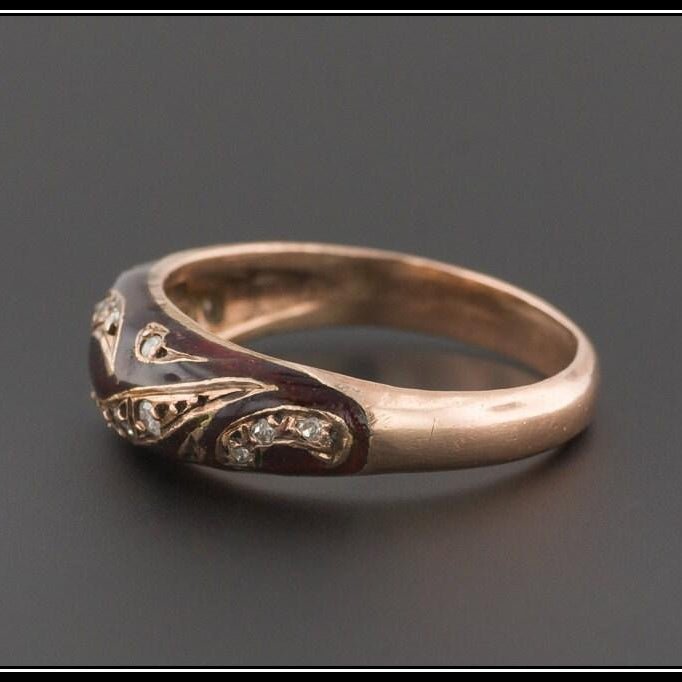 Vintage Enamel &amp; Diamond Ring | 10k Gold Ring - Trademark Antiques