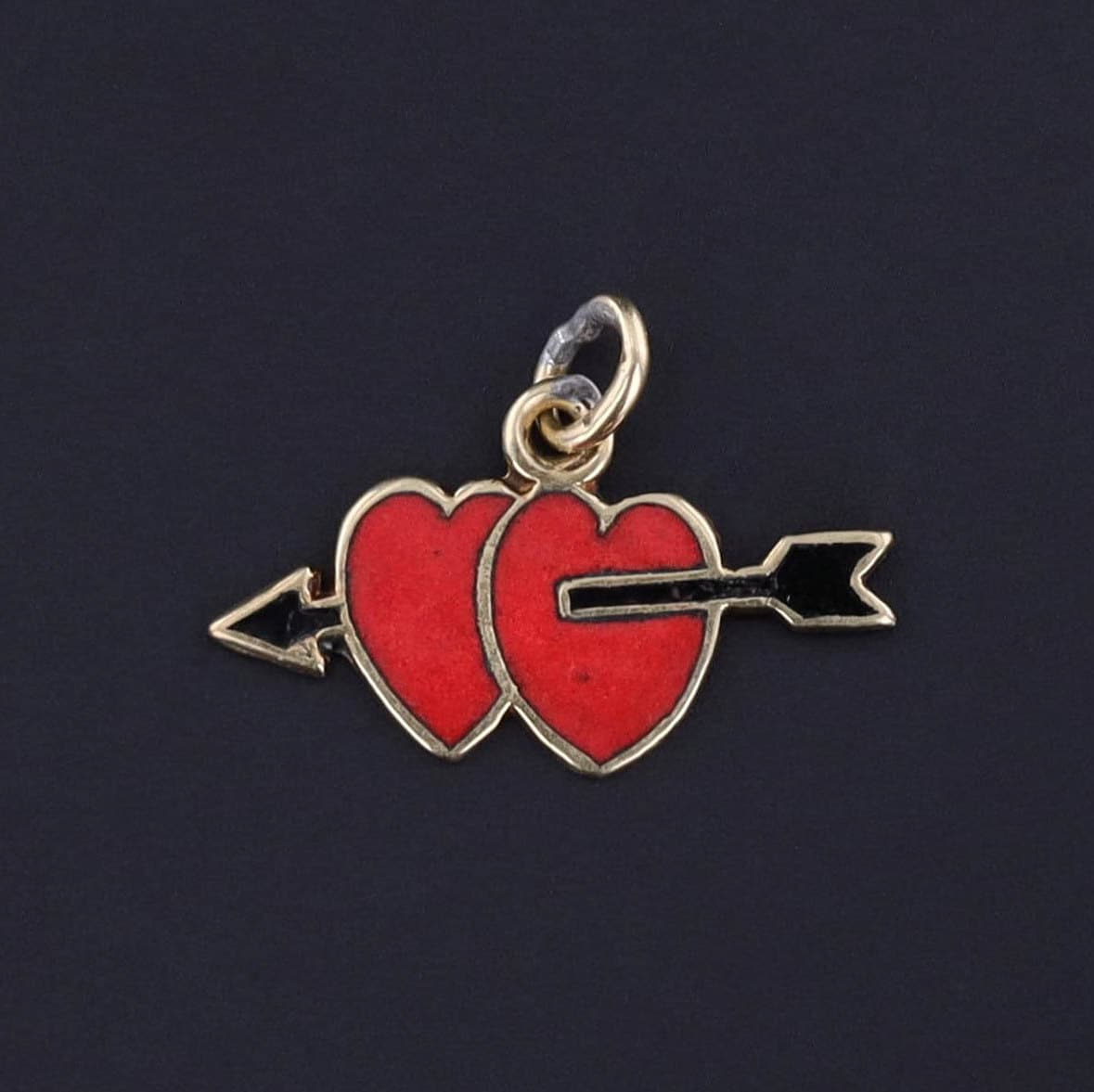Vintage Enamel Double Heart Charm of 14k Gold - Trademark Antiques