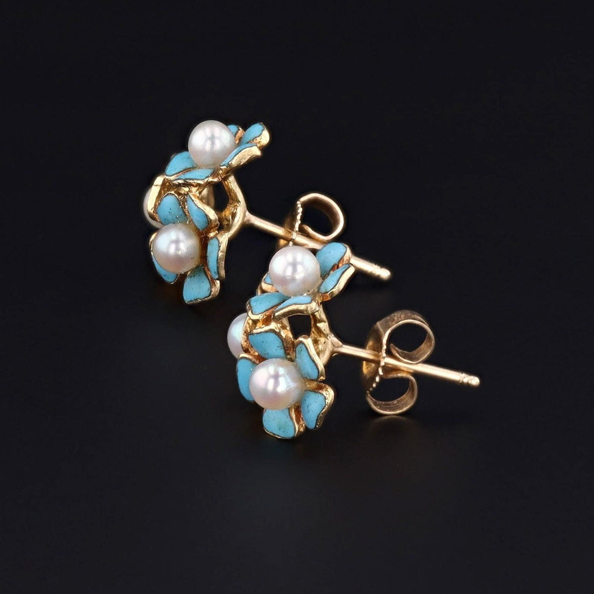 Vintage Enamel Forget - Me - Not Conversion Earrings of 14k Gold - Trademark Antiques