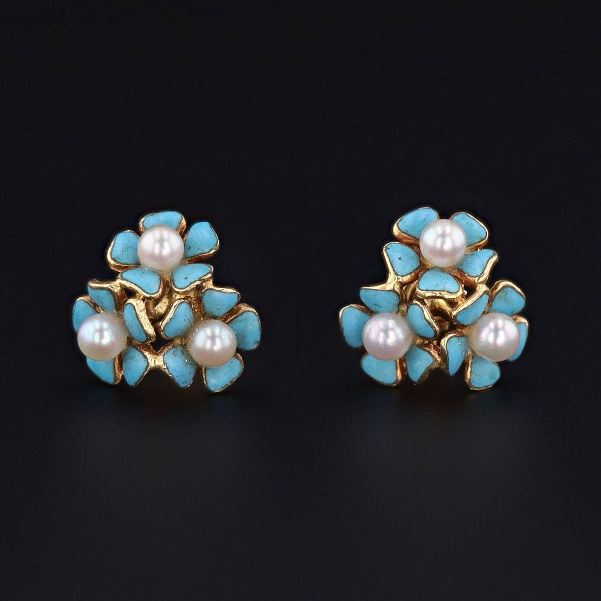 Vintage Enamel Forget - Me - Not Conversion Earrings of 14k Gold - Trademark Antiques