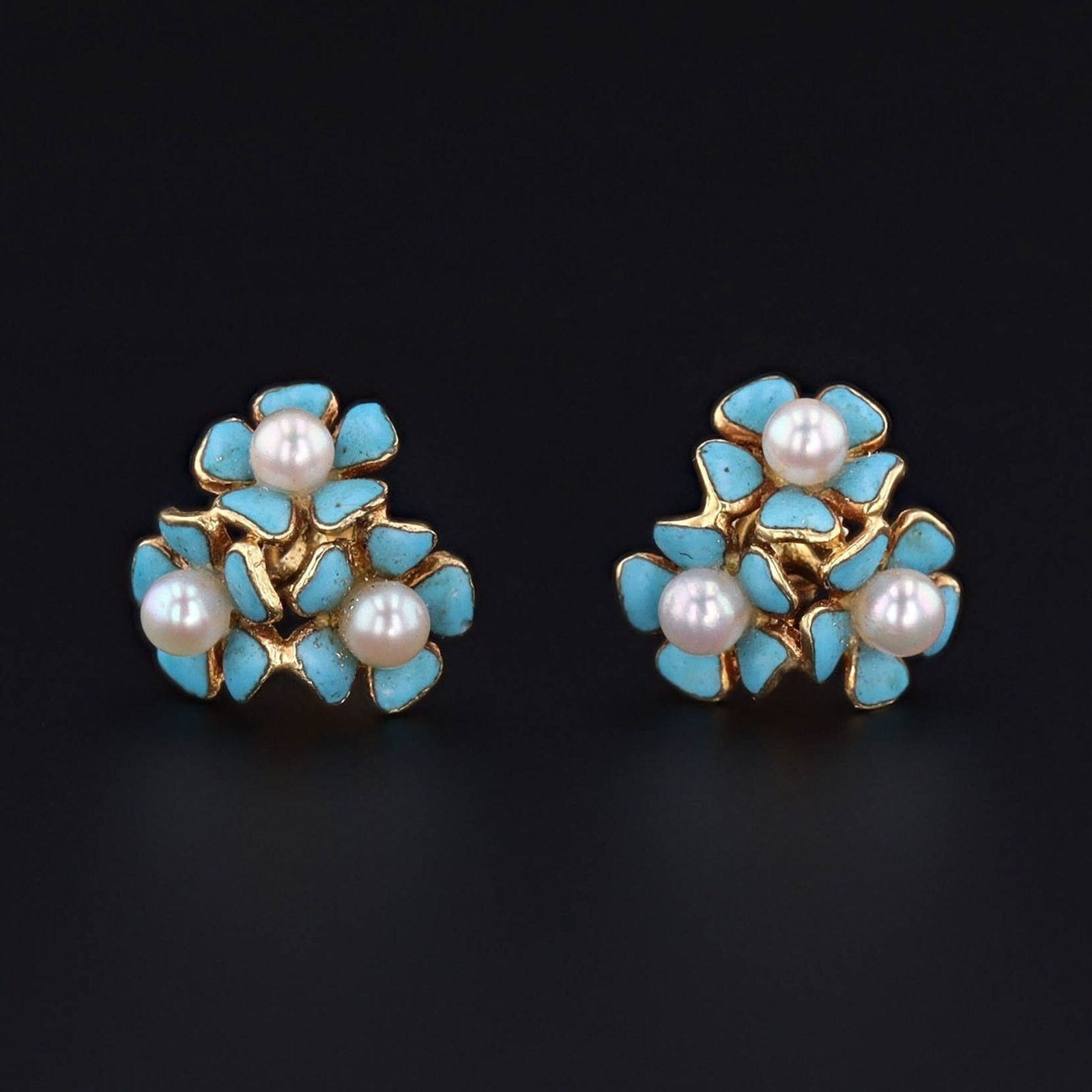 Vintage Enamel Forget - Me - Not Conversion Earrings of 14k Gold - Trademark Antiques