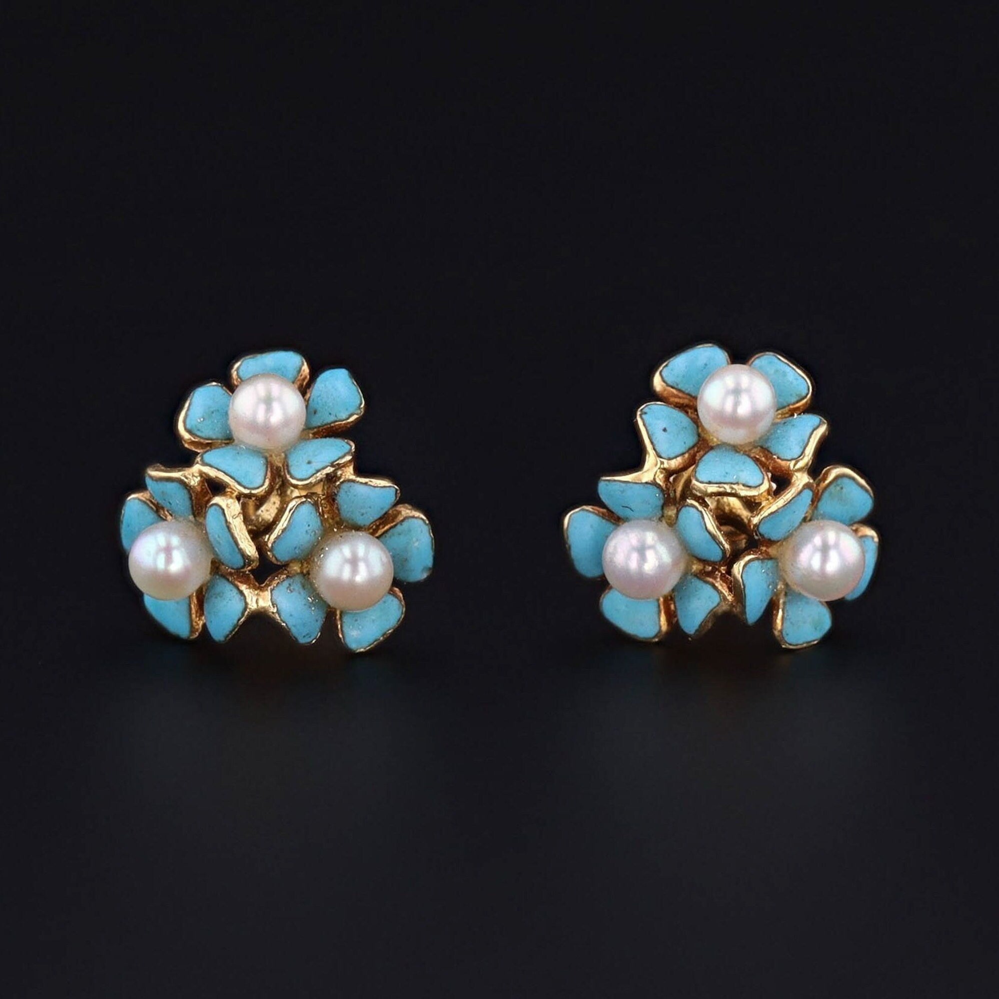 Vintage Enamel Forget - Me - Not Conversion Earrings of 14k Gold - Trademark Antiques