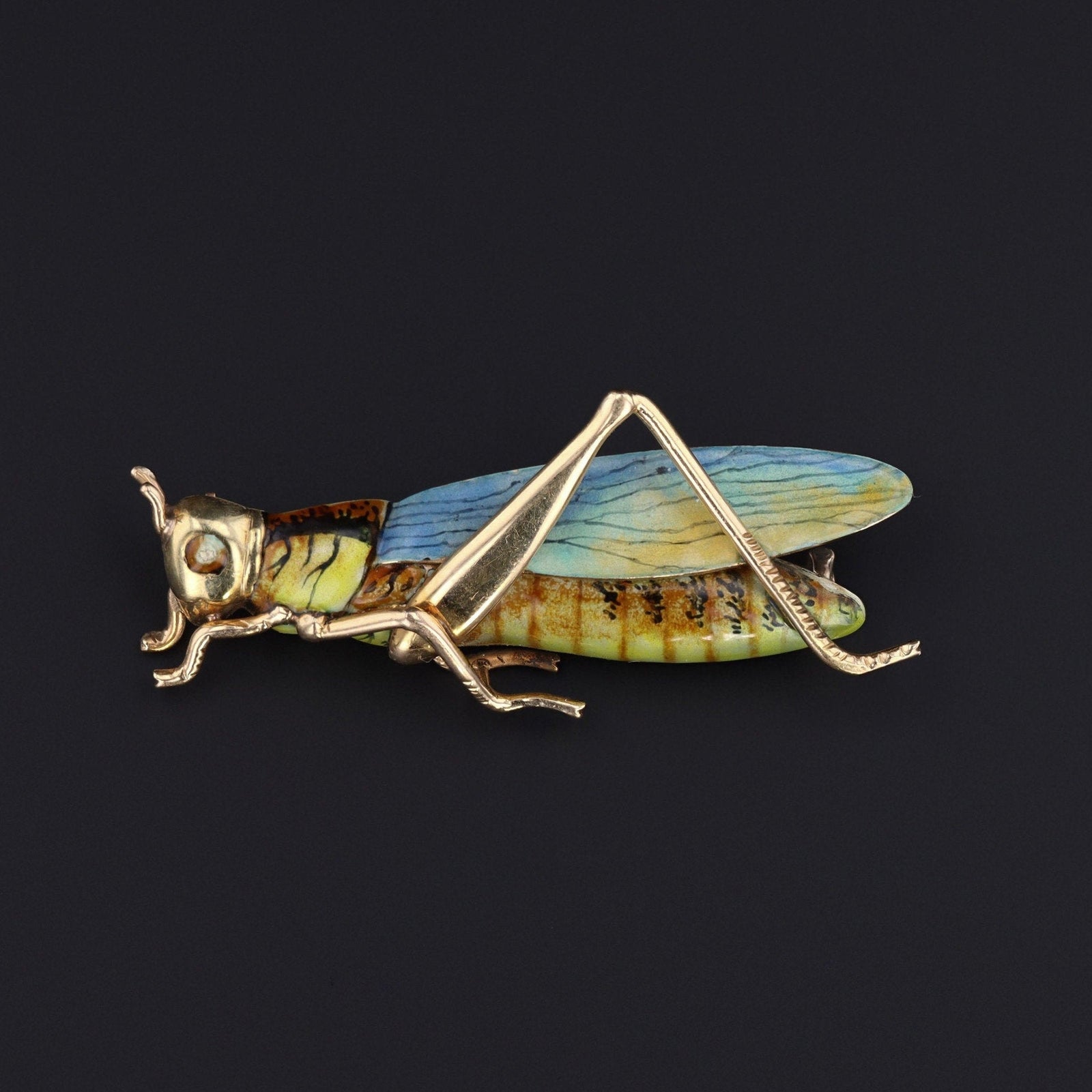 Vintage Enamel Grasshopper Brooch of 14k Gold - Trademark Antiques