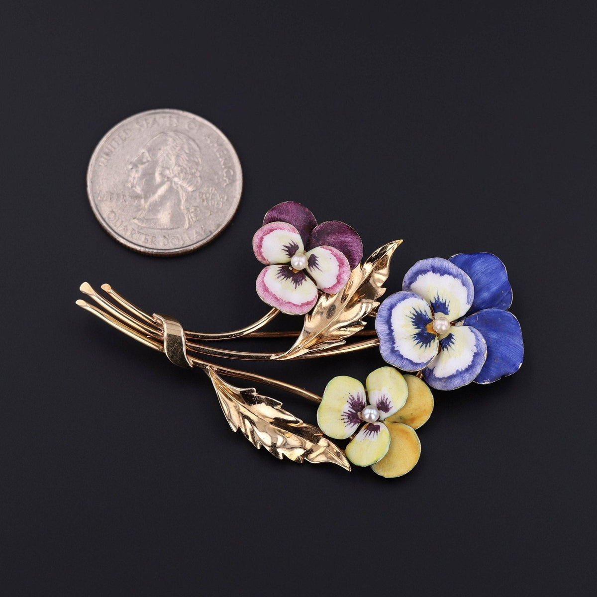 Vintage Enamel Pansy Brooch of 14k Gold - Trademark Antiques