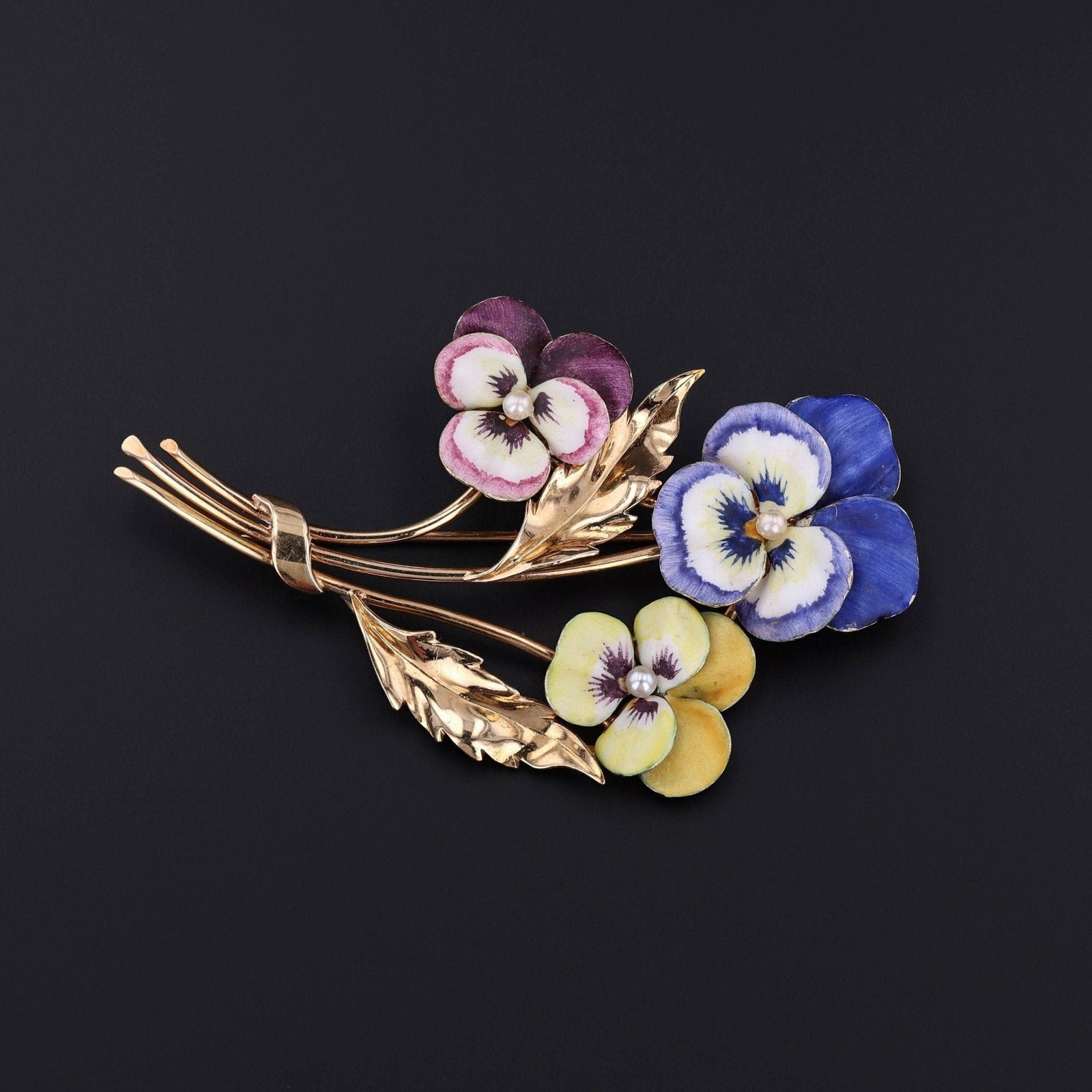 Vintage Enamel Pansy Brooch of 14k Gold - Trademark Antiques