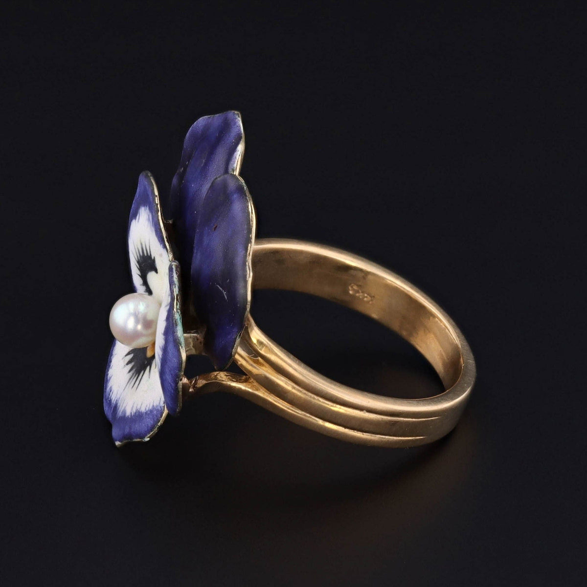 Vintage Enamel Pansy with Pearl Conversion Ring of 14k Gold - Trademark Antiques
