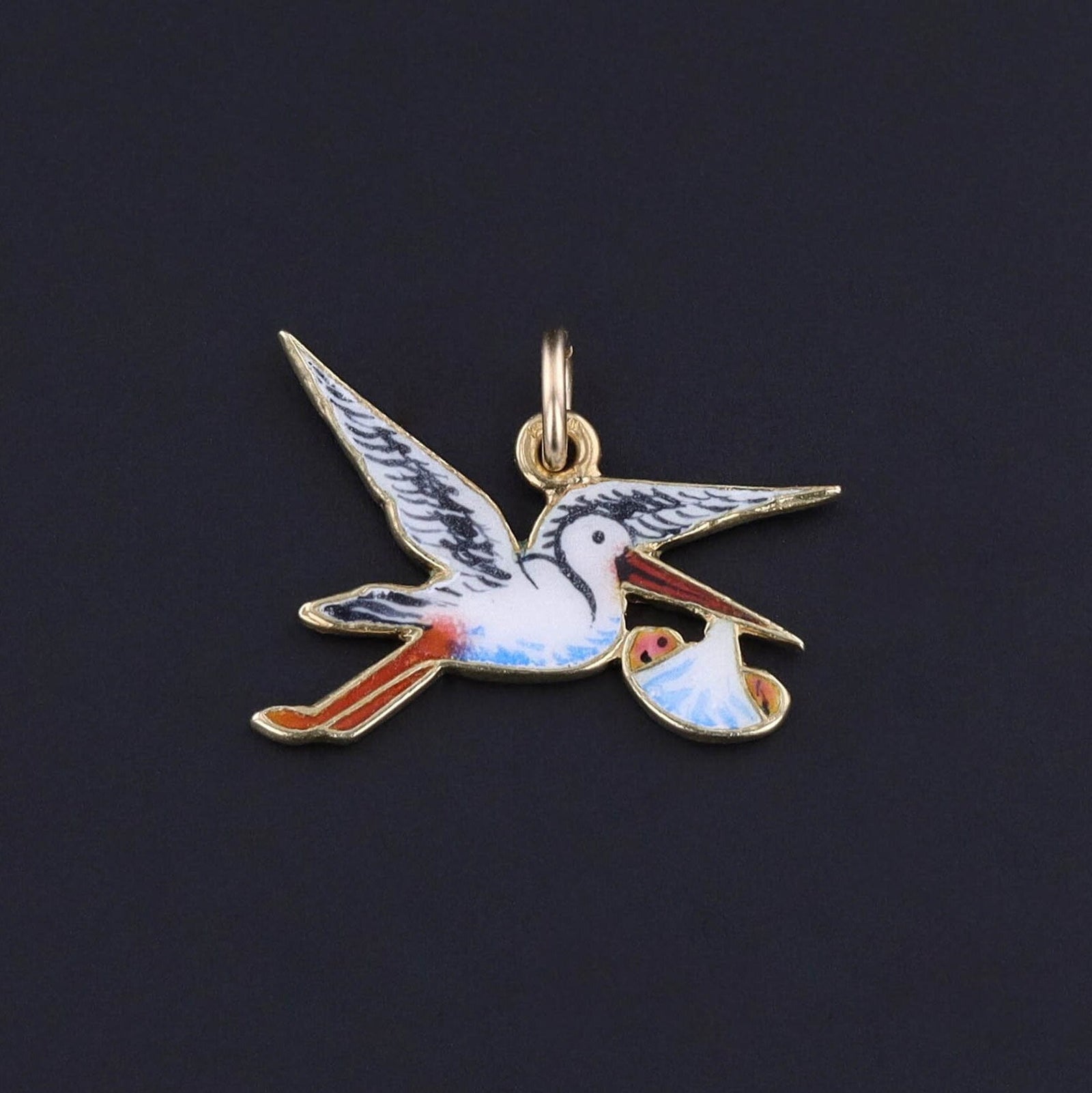 Vintage Enamel Stork Charm of 14k Gold - Trademark Antiques