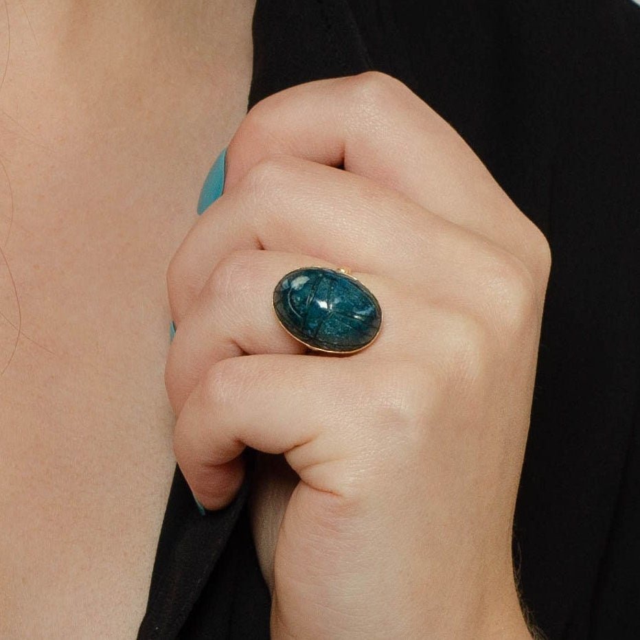 Vintage Faience Scarab Ring 18k Gold - Trademark Antiques