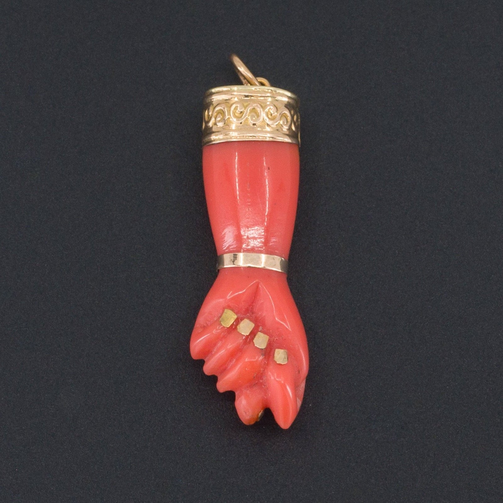 Vintage Figa Charm | Reconstituted Coral Charm with Gold Cap and Nails - Trademark Antiques