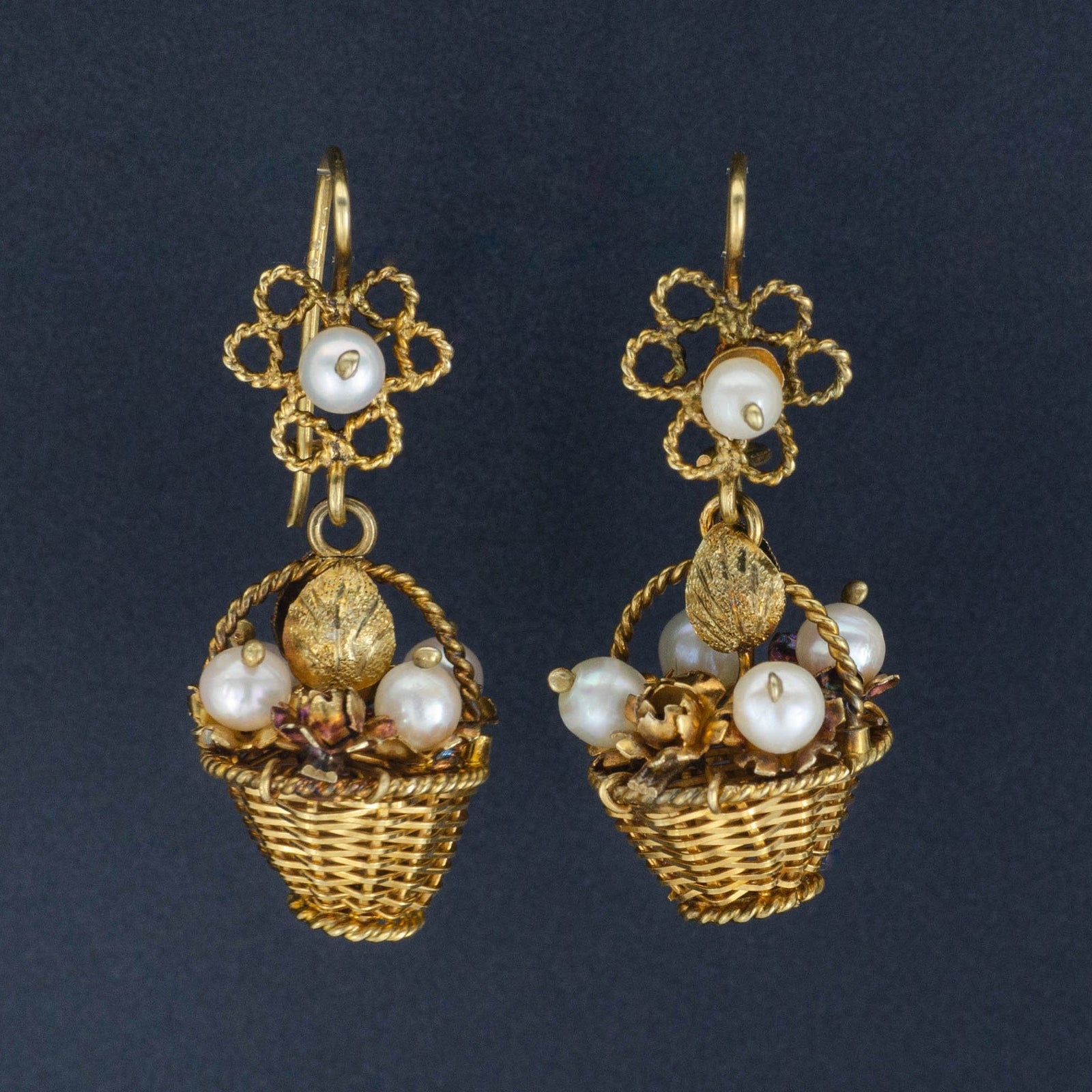 Vintage Flower Basket Earrings | 10k Gold Earrings - Trademark Antiques