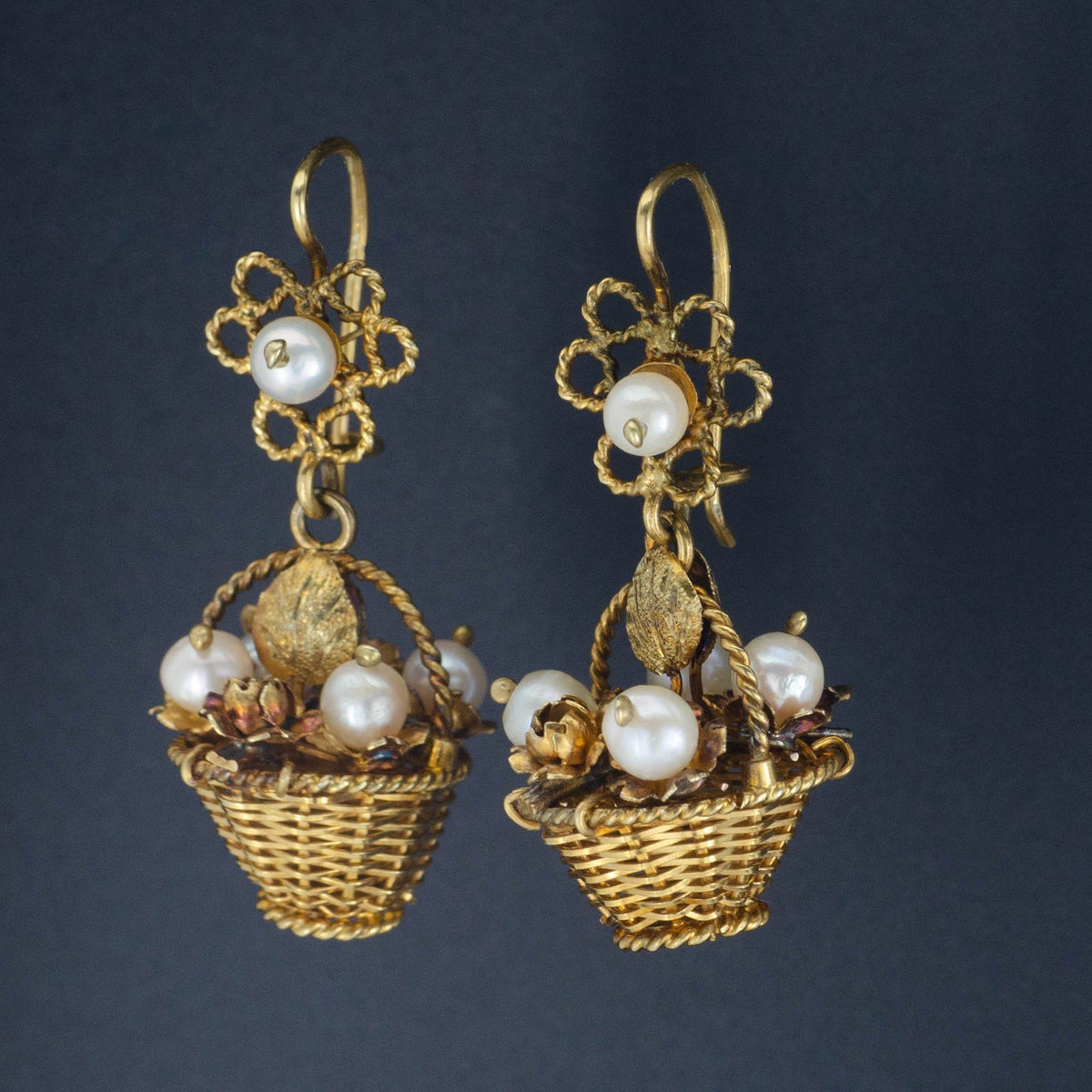 Vintage Flower Basket Earrings | 10k Gold Earrings - Trademark Antiques