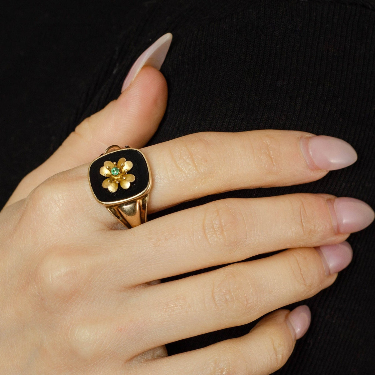 Vintage Four Leaf Clover Onyx Conversion Ring of 10k Gold - Trademark Antiques