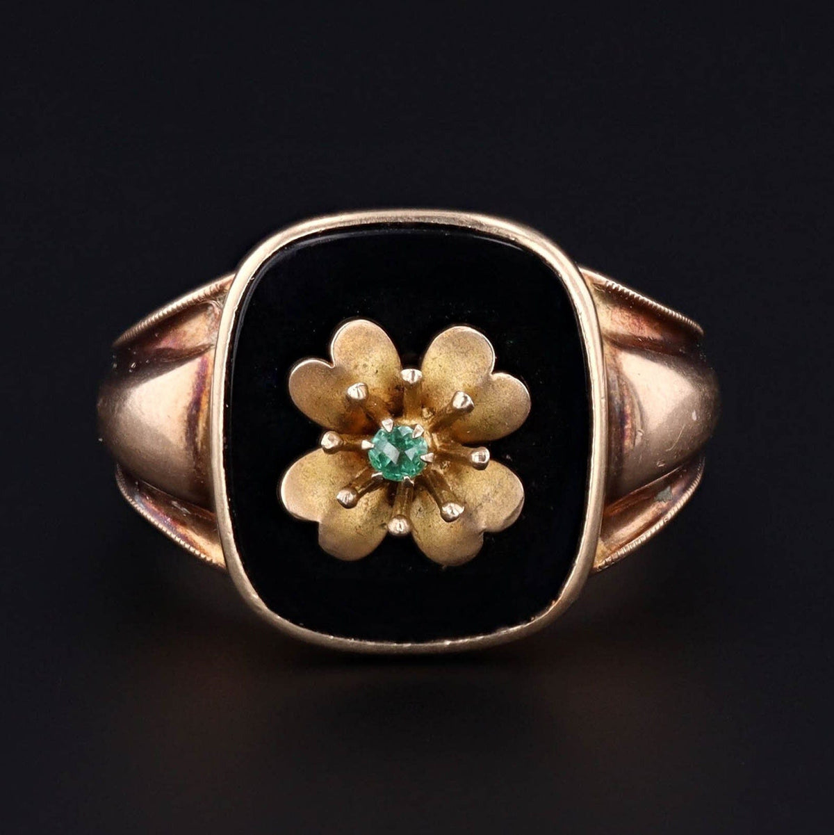 Vintage Four Leaf Clover Onyx Conversion Ring of 10k Gold - Trademark Antiques