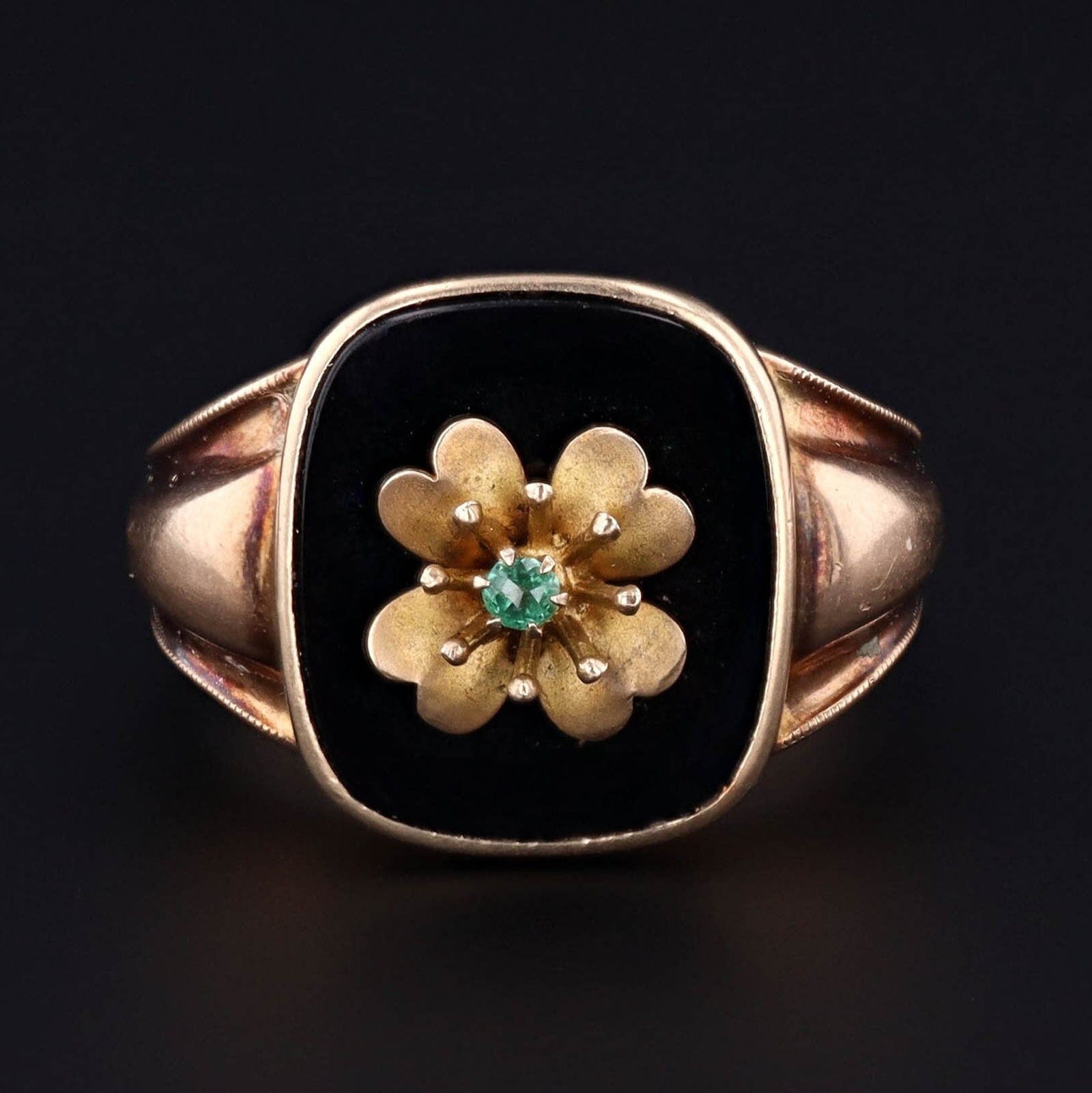 Vintage Four Leaf Clover Onyx Conversion Ring of 10k Gold - Trademark Antiques