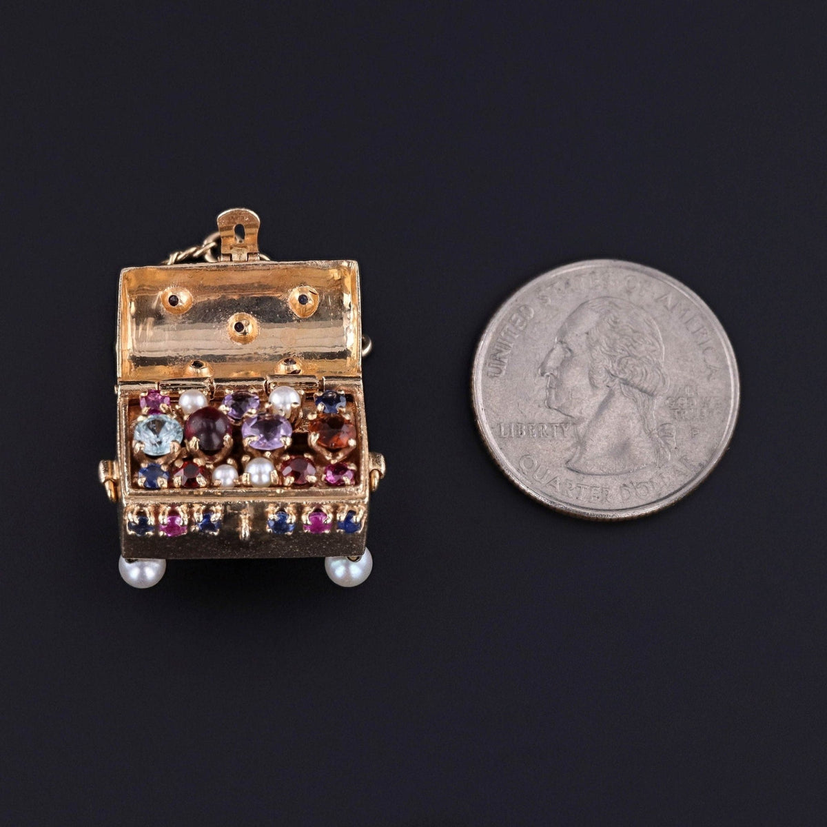 Vintage Gemstone Treasure Chest Pendant of 14k Gold - Trademark Antiques