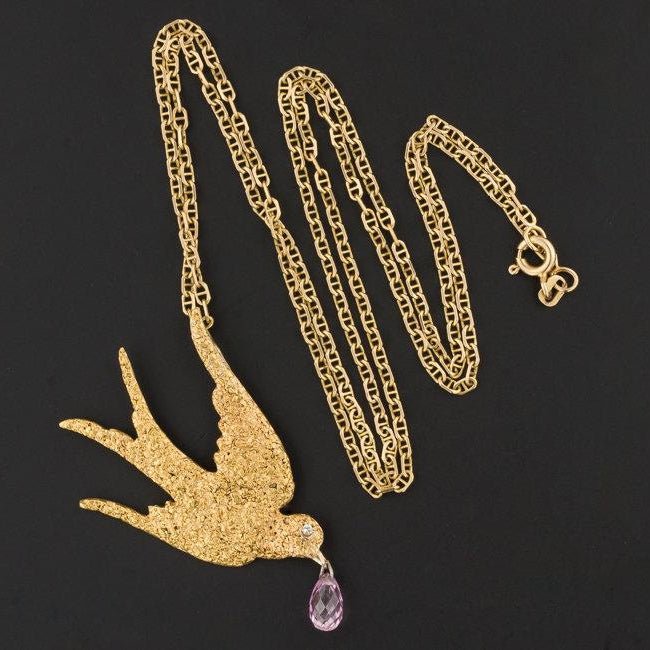 Vintage Gold Nugget Swallow Bird Necklace | Vintage Pin Conversion Necklace - Trademark Antiques