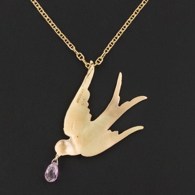Vintage Gold Nugget Swallow Bird Necklace | Vintage Pin Conversion Necklace - Trademark Antiques
