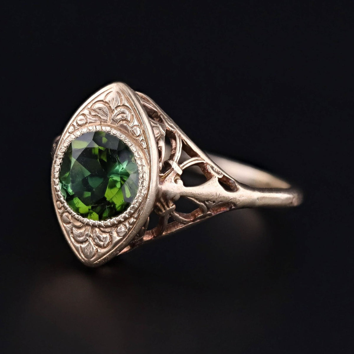 Vintage Green Tourmaline Filigree Ring of 10k Gold - Trademark Antiques