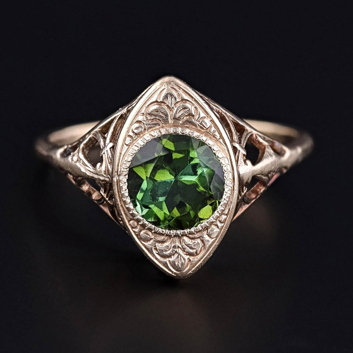 Vintage Green Tourmaline Filigree Ring of 10k Gold - Trademark Antiques