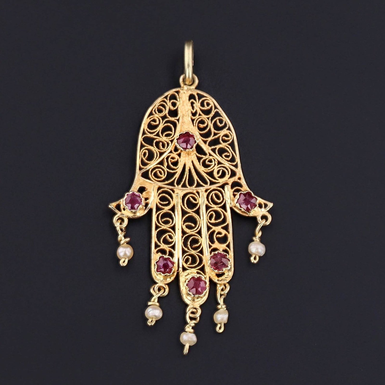 Vintage Hamsa Charm | 18k Gold Ruby & Pearl Charm - Trademark Antiques