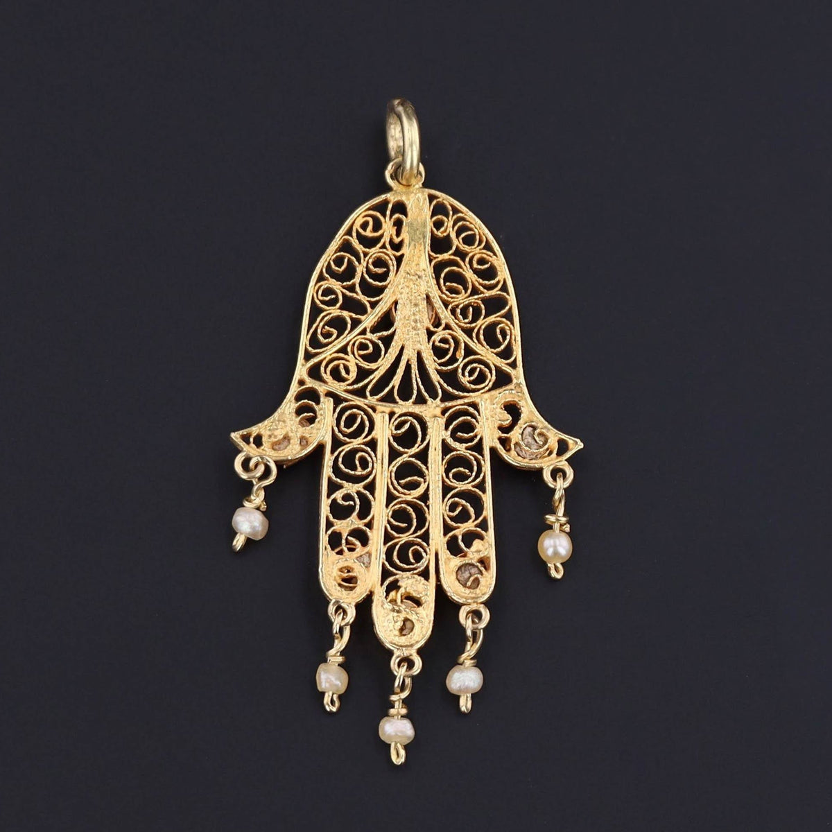 Vintage Hamsa Charm | 18k Gold Ruby &amp; Pearl Charm - Trademark Antiques