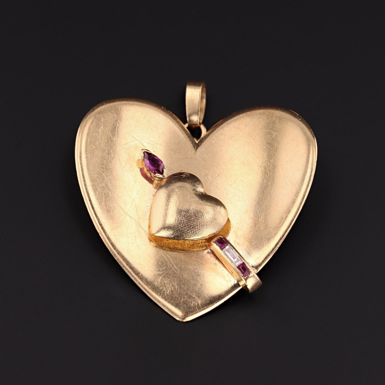 Vintage Heart Pendant | 14k Gold Heart With Ruby and Diamond Arrow - Trademark Antiques