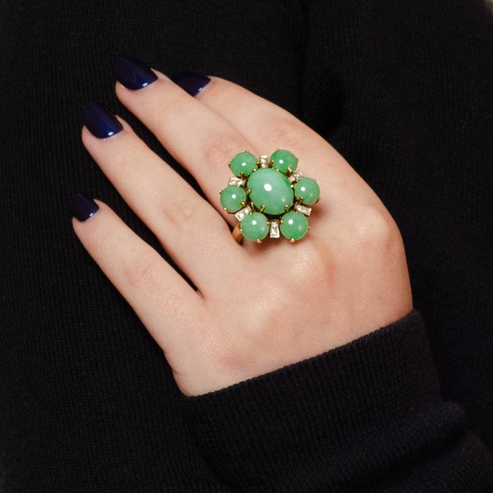Vintage Jade and Diamond Cocktail Ring of 14k Gold - Trademark Antiques