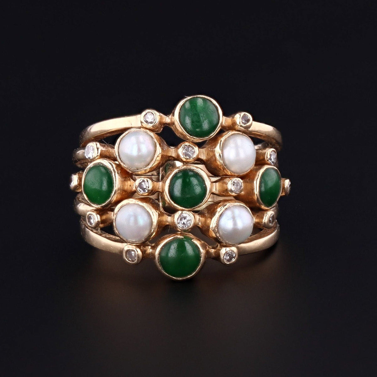 Vintage Jade, Diamond and Pearl Harem Ring of 14k Gold - Trademark Antiques