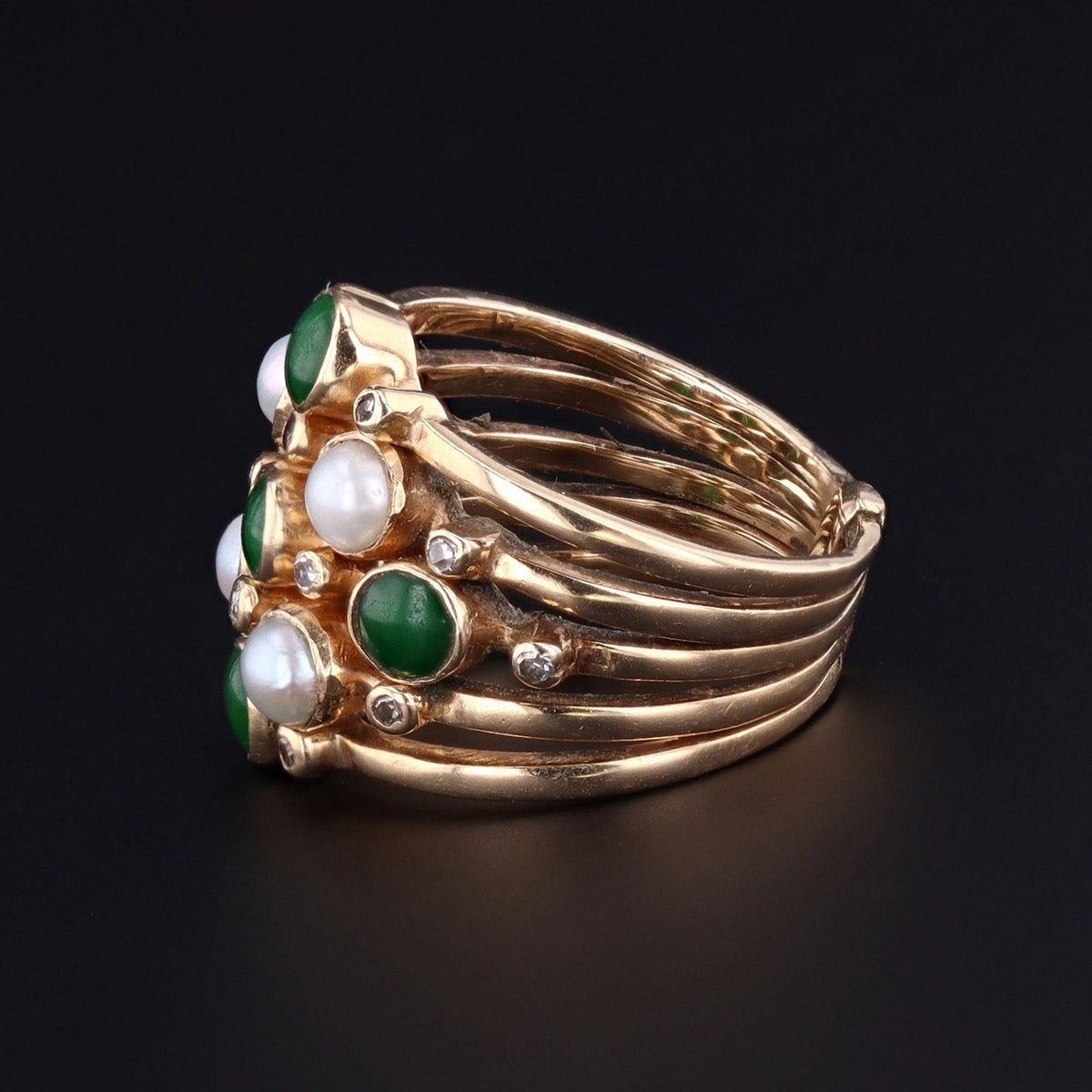 Vintage Jade, Diamond and Pearl Harem Ring of 14k Gold - Trademark Antiques