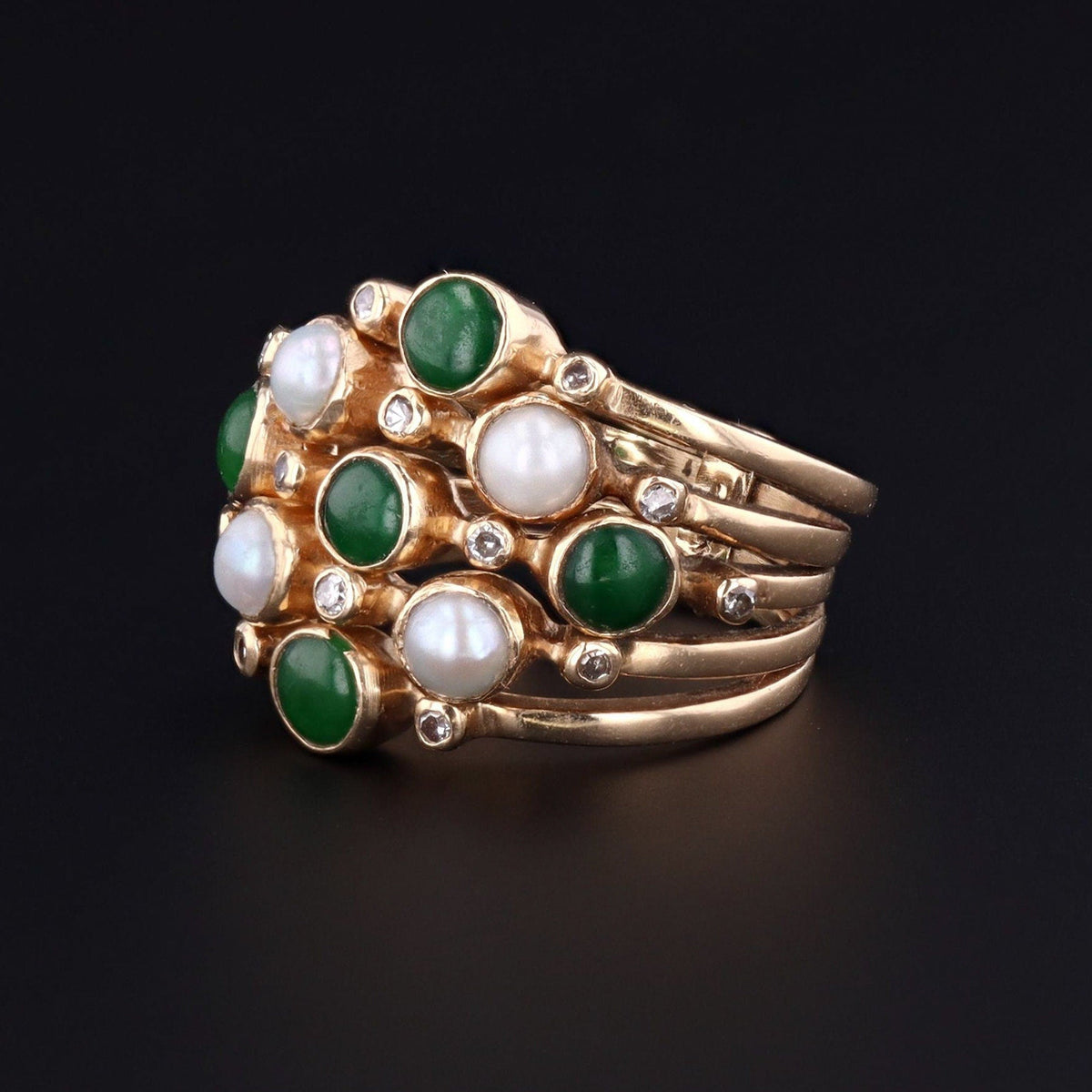 Vintage Jade, Diamond and Pearl Harem Ring of 14k Gold - Trademark Antiques