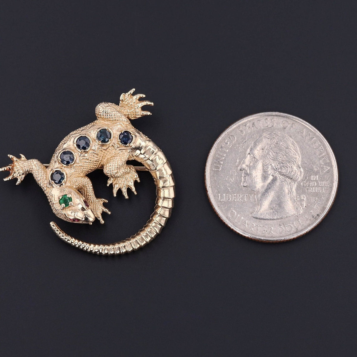 Vintage Lizard Brooch | 14k Gold, Sapphire, Ruby &amp; Emerald Brooch - Trademark Antiques