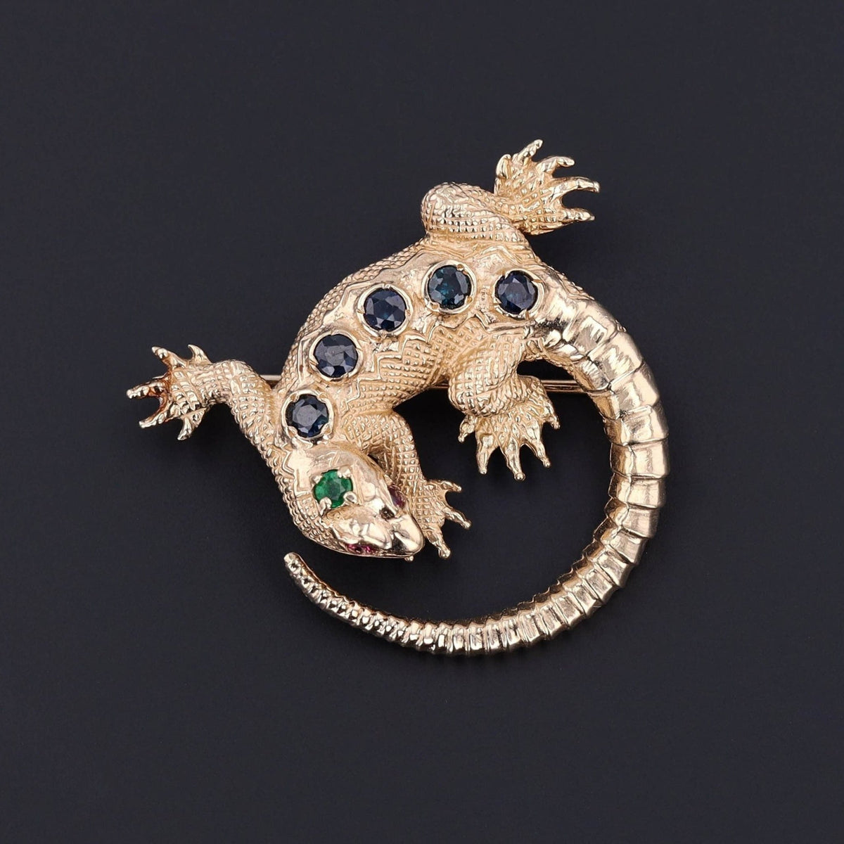 Vintage Lizard Brooch | 14k Gold, Sapphire, Ruby &amp; Emerald Brooch - Trademark Antiques